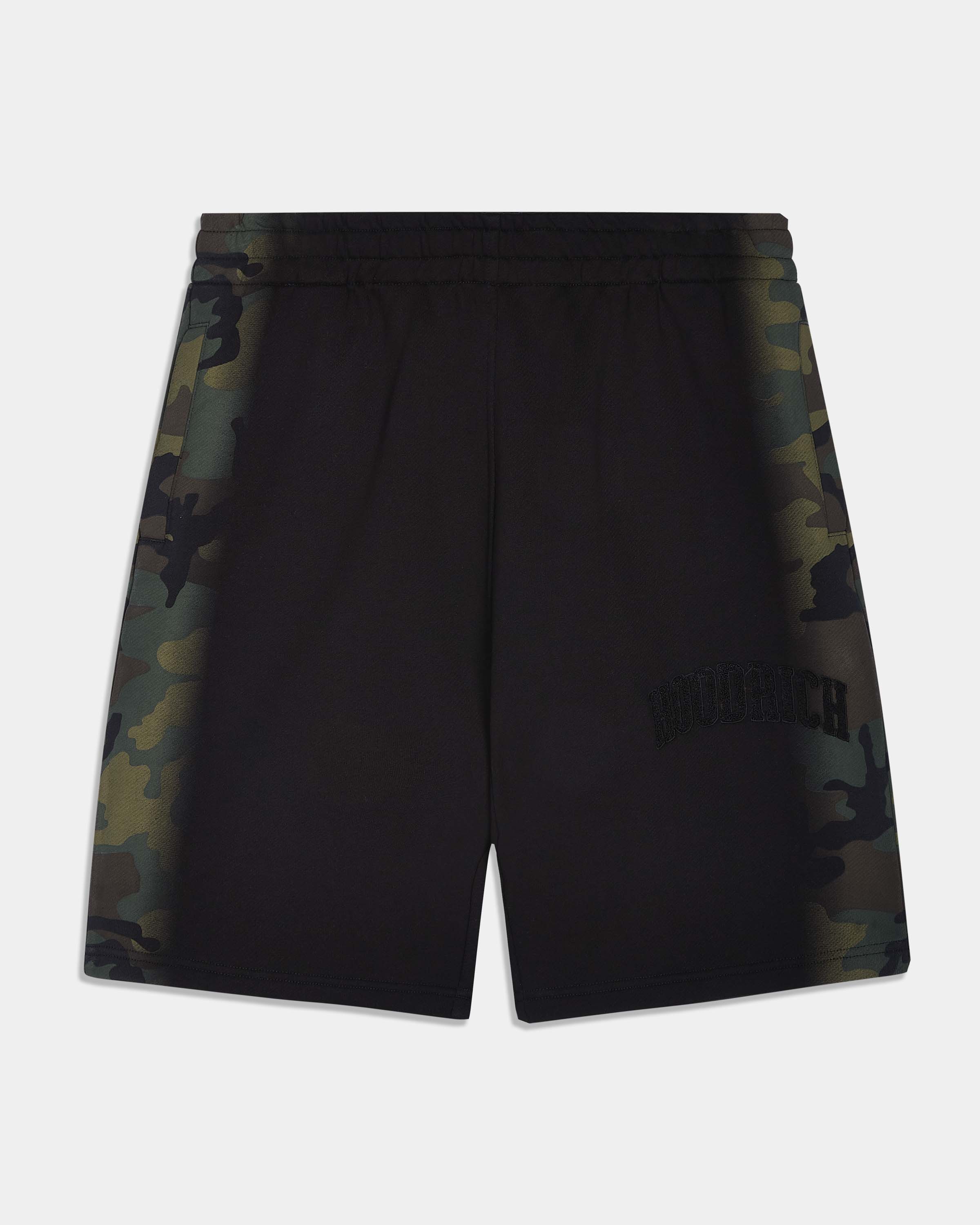 Black camouflage athletic shorts with a subtle tonal logo on the lower right leg, displayed against a light gray background.