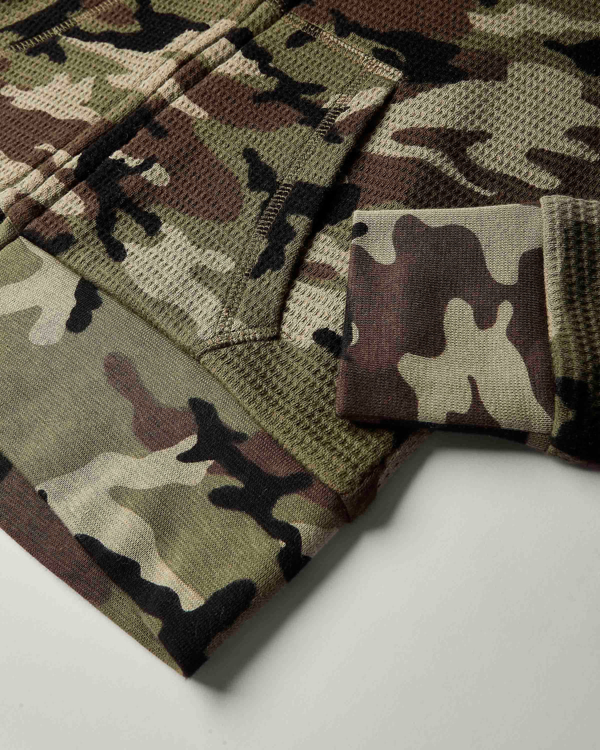 Close-up of a camouflage knit fabric garment, showing a waffle-knit texture with a pocket and folded cuff in shades of olive green, brown, beige, and black.