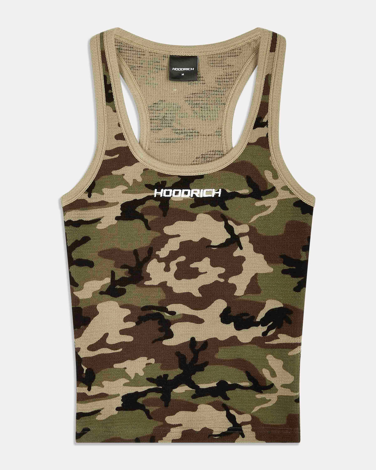 A sleeveless tank top with a green, brown, and beige camouflage pattern, featuring a white 'HOODRICH' logo printed on the chest. The tank top has a ribbed beige neckline and back straps, and is displayed flat against a light gray background.
