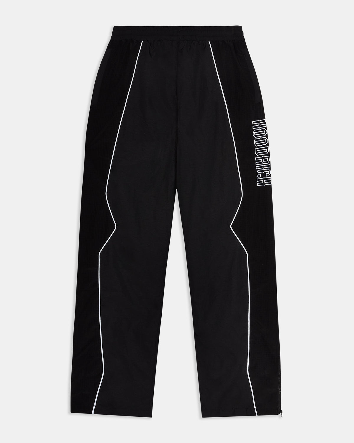 Black pants with white piping and branding on a light gray background