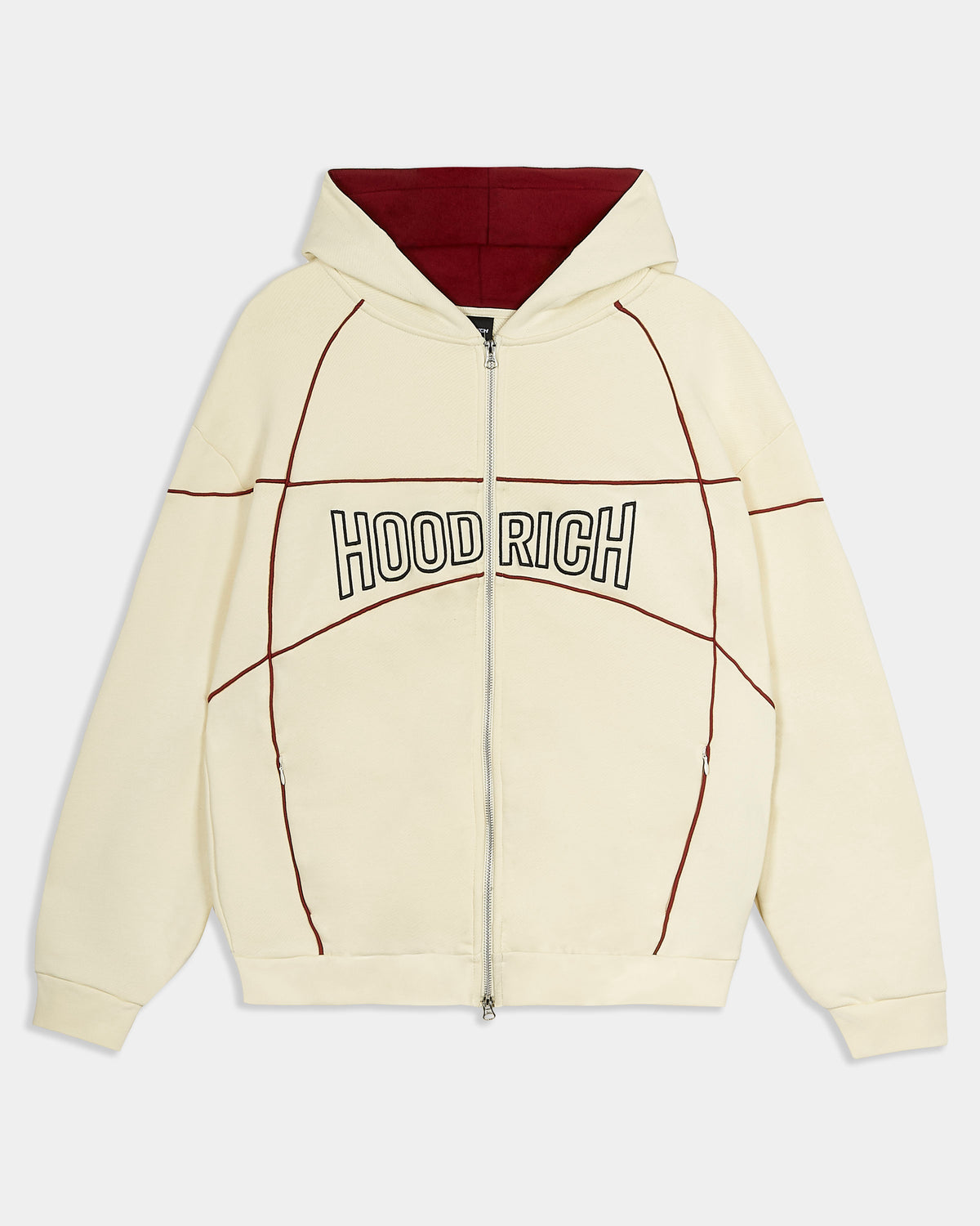 An off-white zip-up hoodie with a dark red hood lining and dark red stitched graphic lines on the front, featuring the text 'HOODRICH' across the chest.