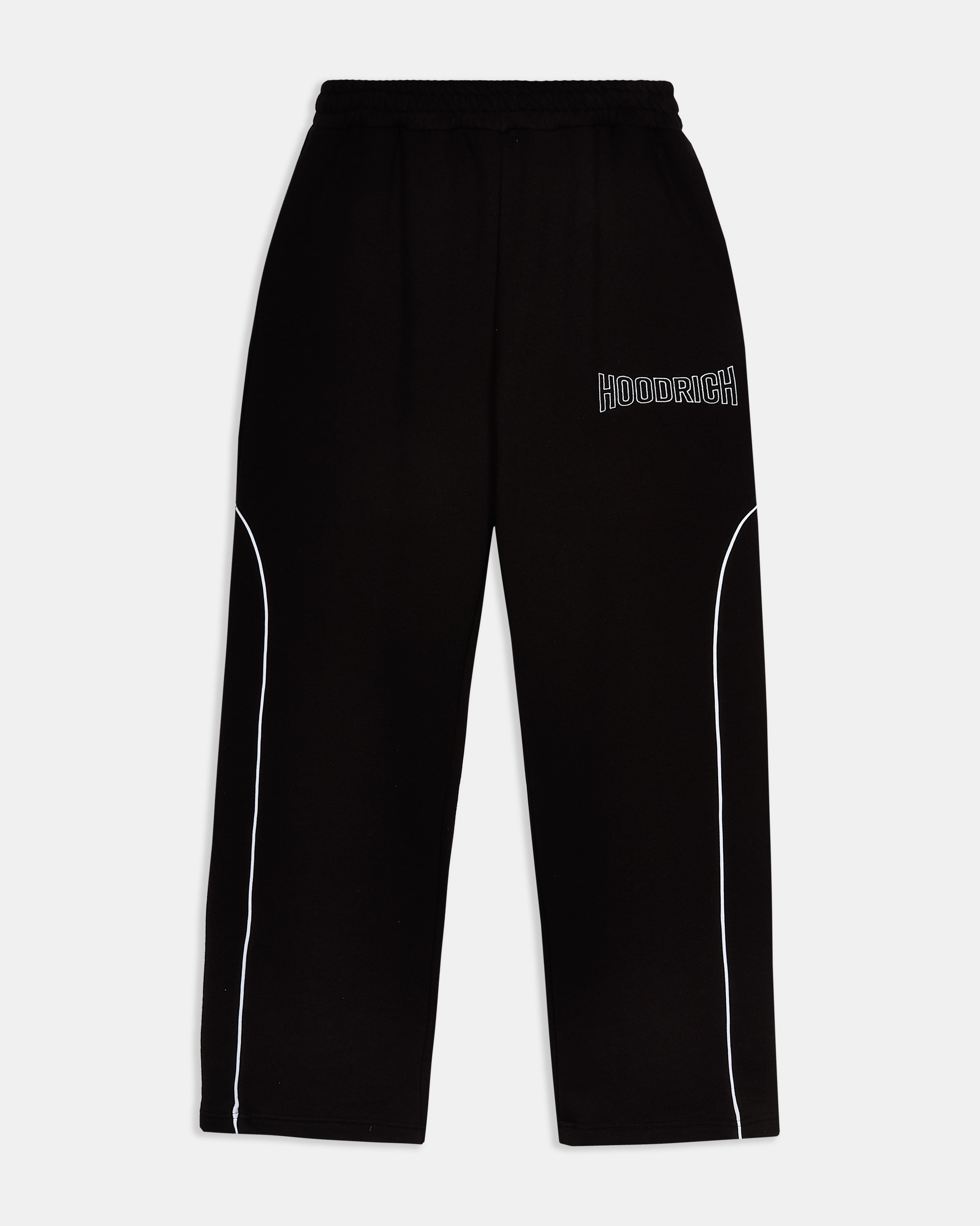 Oversized black joggers with white piping detail and Hoodrich logo embroidery.