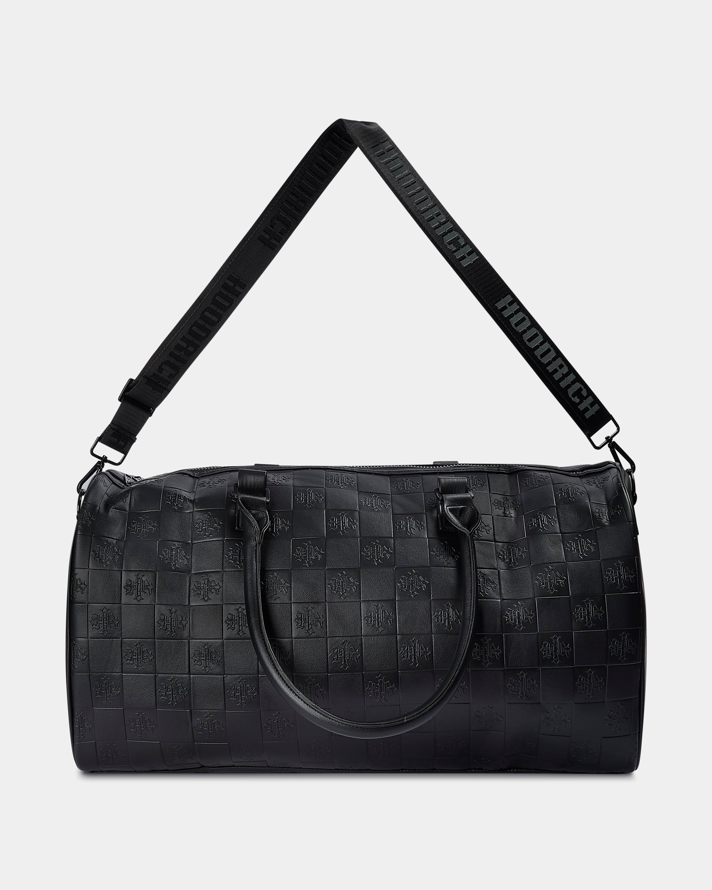 Black textured duffel bag with a strap on a light gray background
