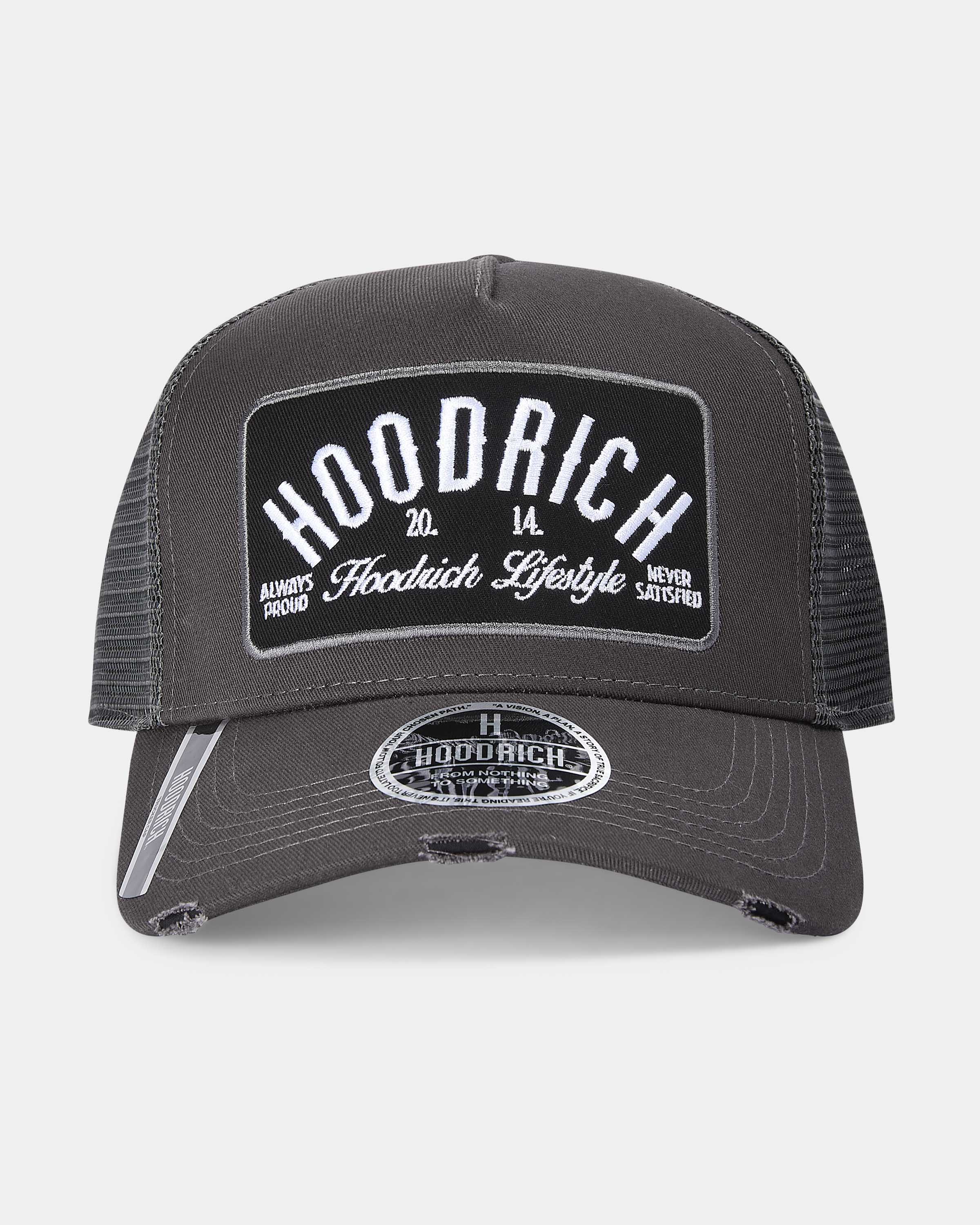 Black trucker cap with 'Hoodrich' branding on a white background