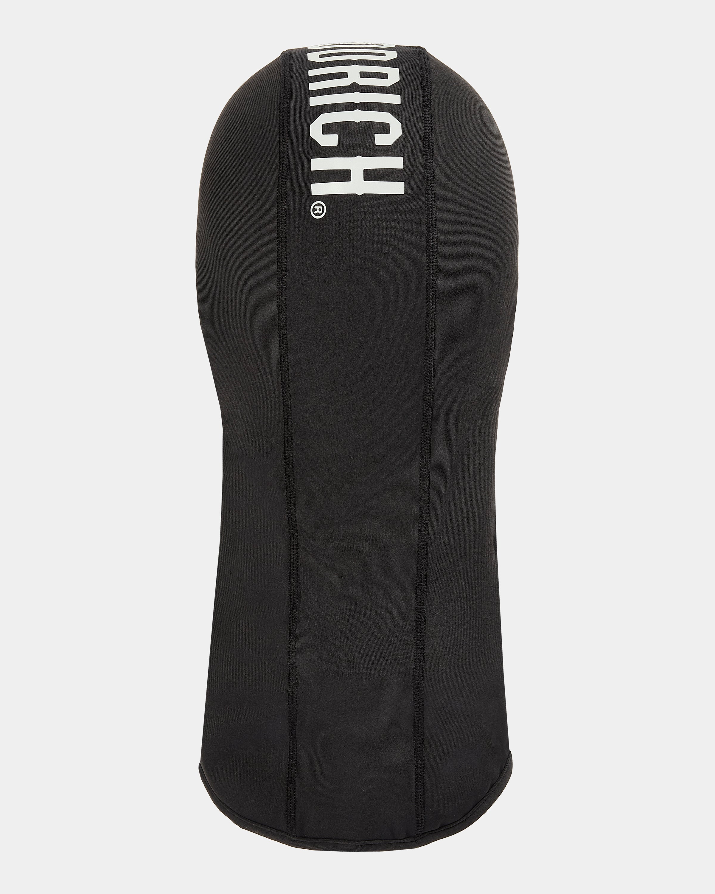 Black swim cap with 'Hoodrich' branding on a white background
