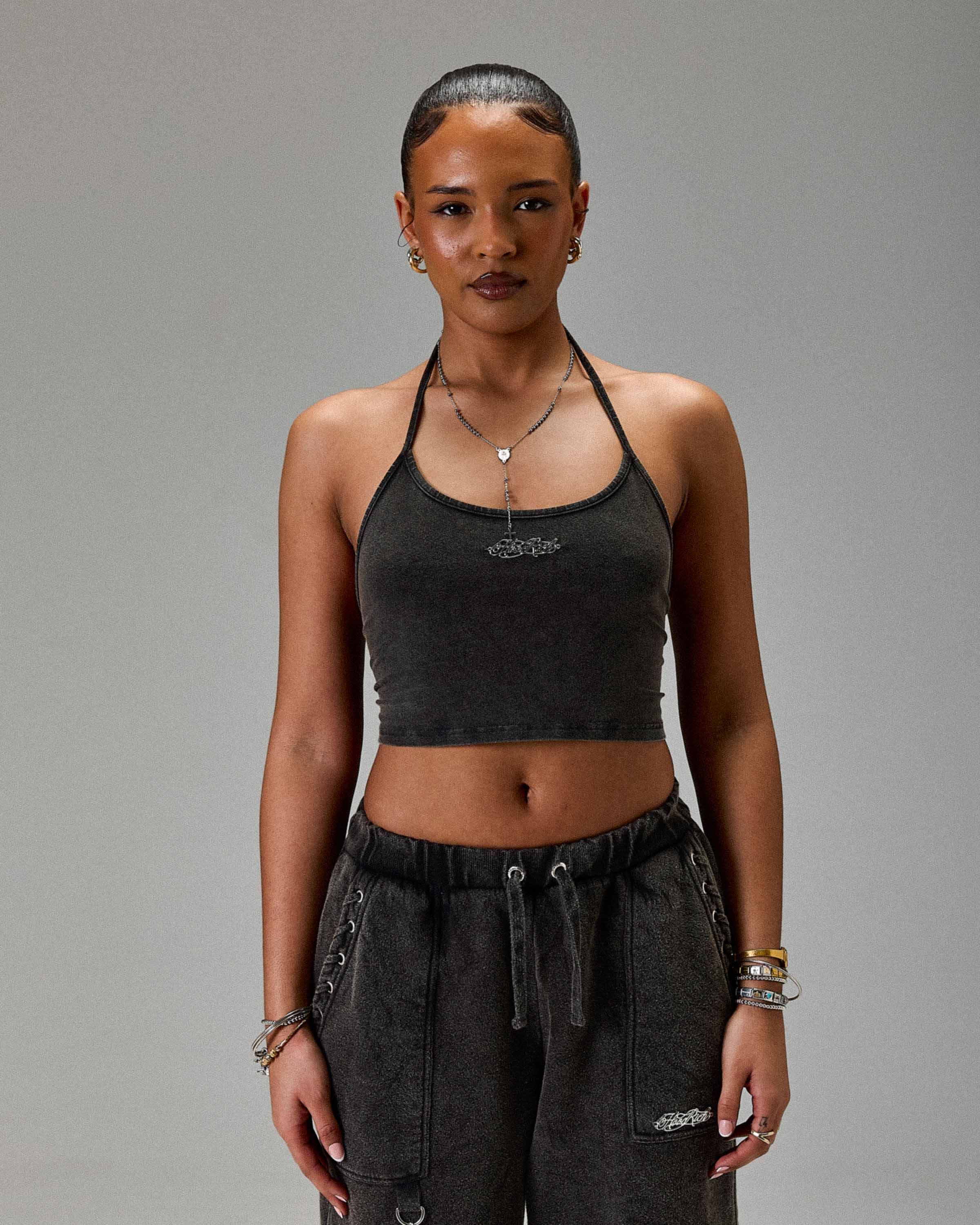The Winner's Circle Token Tie Back Halter Top - Washed Black