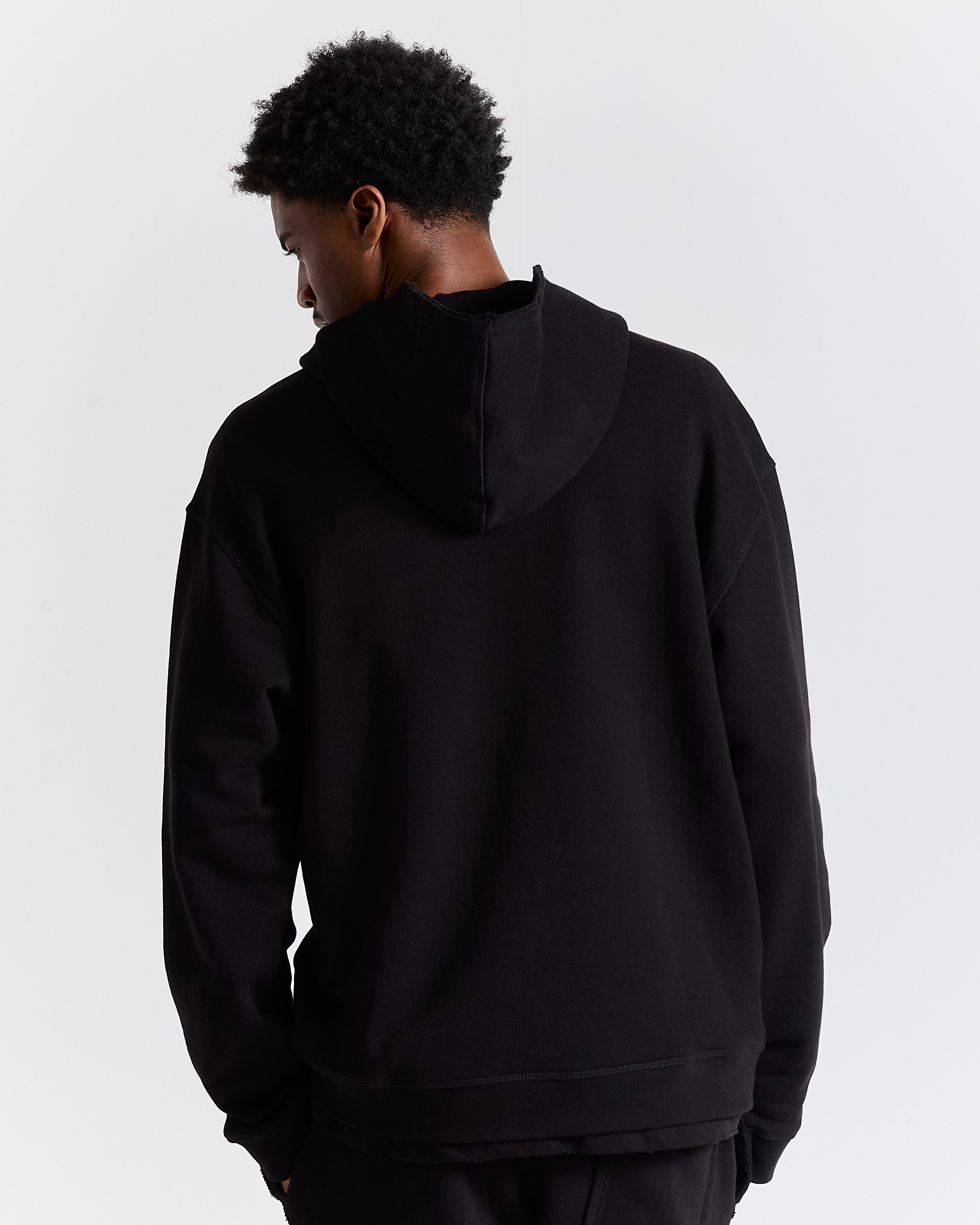 Person wearing a black hoodie on a light gray background