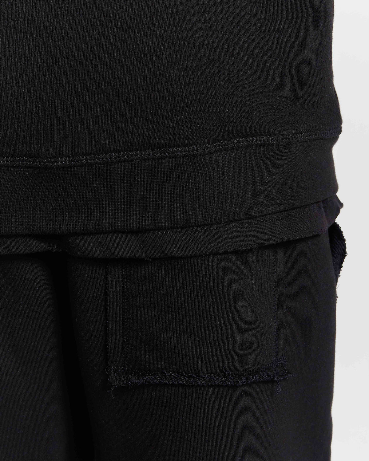 Close-up of black pants with a pocket on a white background
