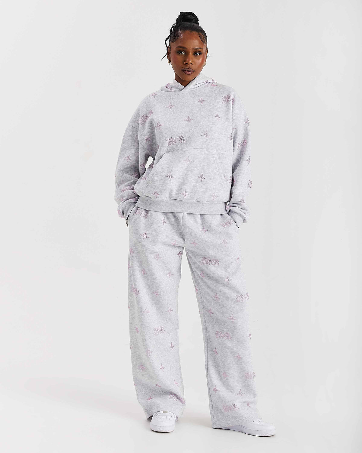 Razor Mid Length Hoodie - Light Grey/Rhinestone
