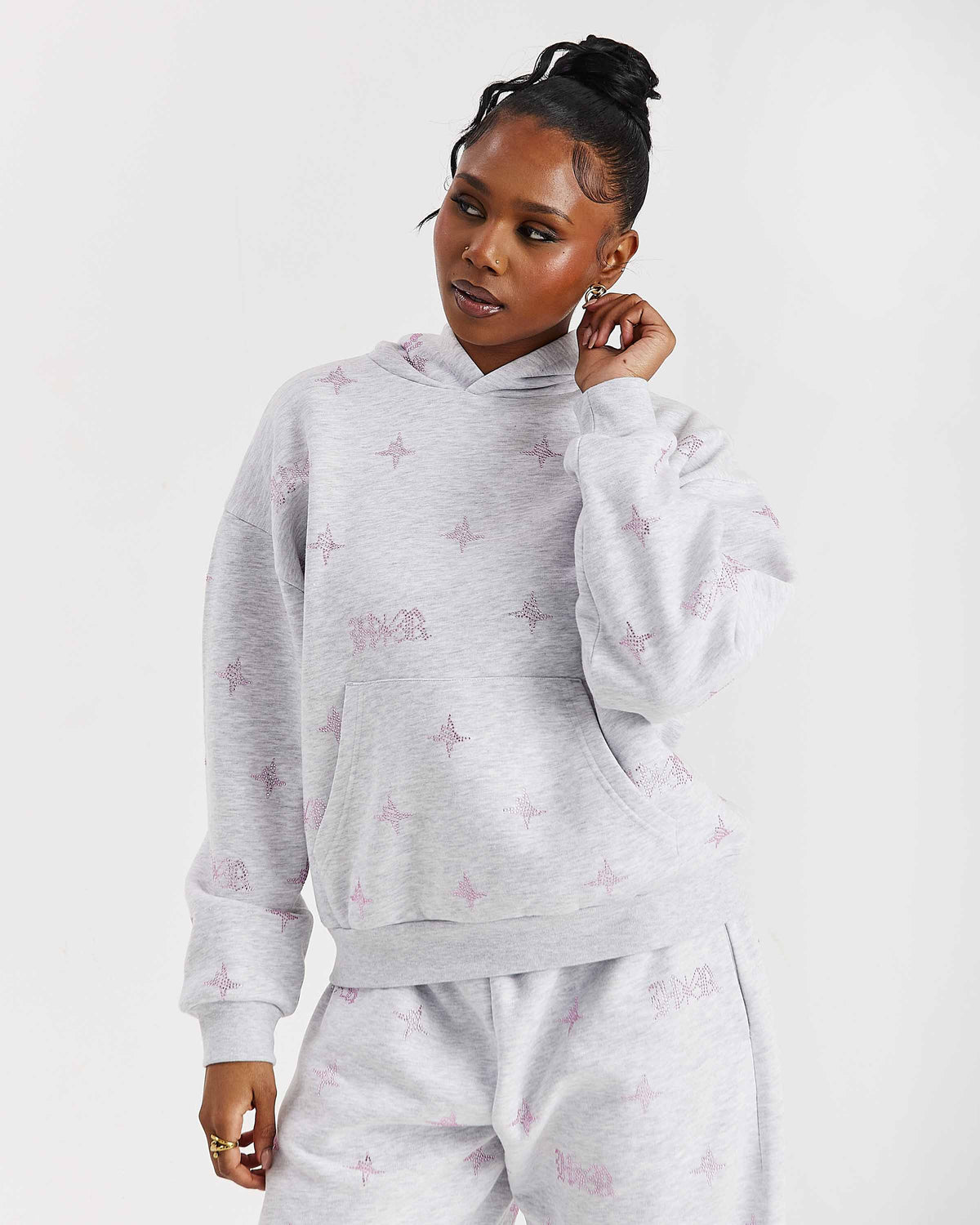 Razor Mid Length Hoodie - Light Grey/Rhinestone