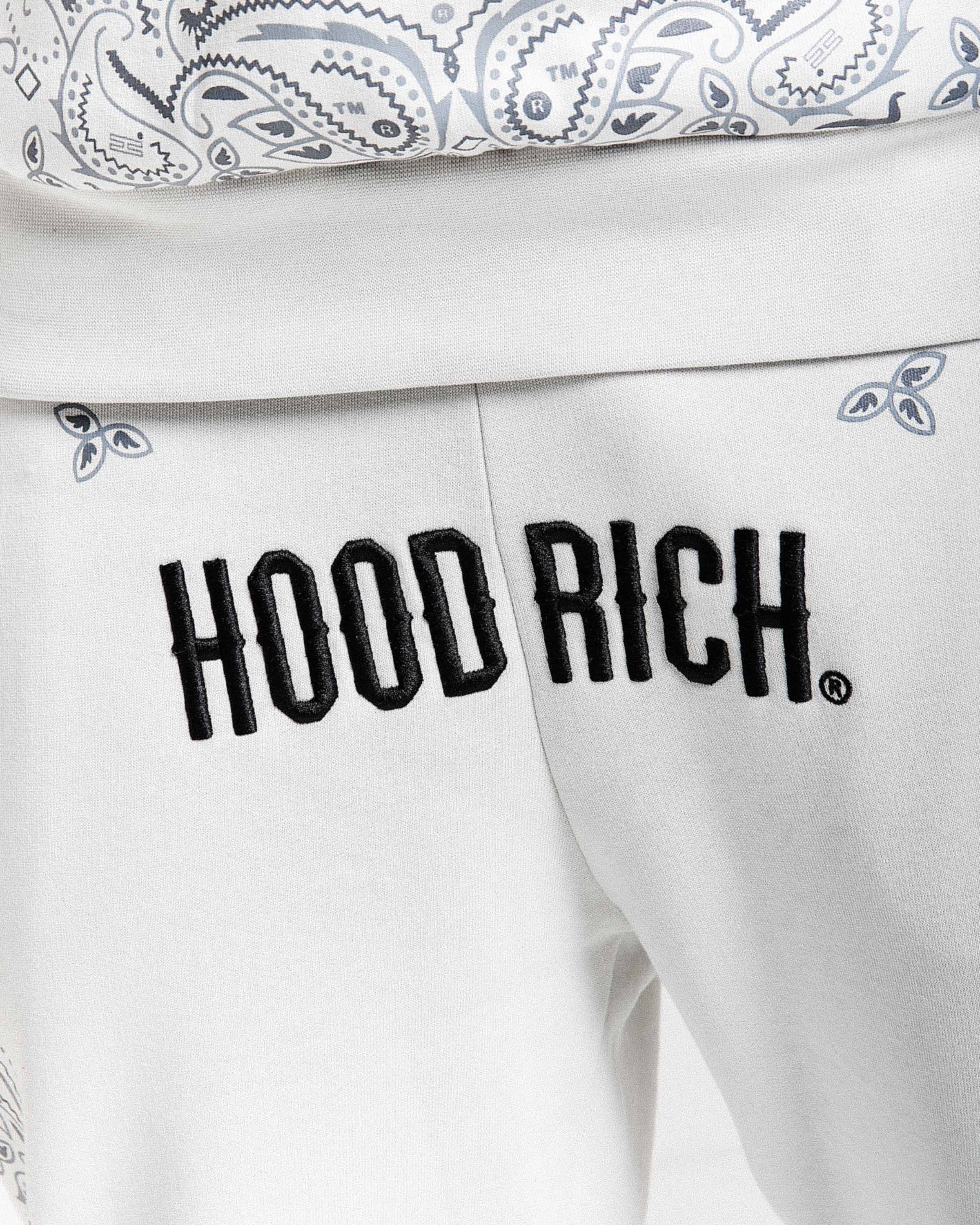 White hoodie with 'HOOD RICH.' text and paisley pattern on hood