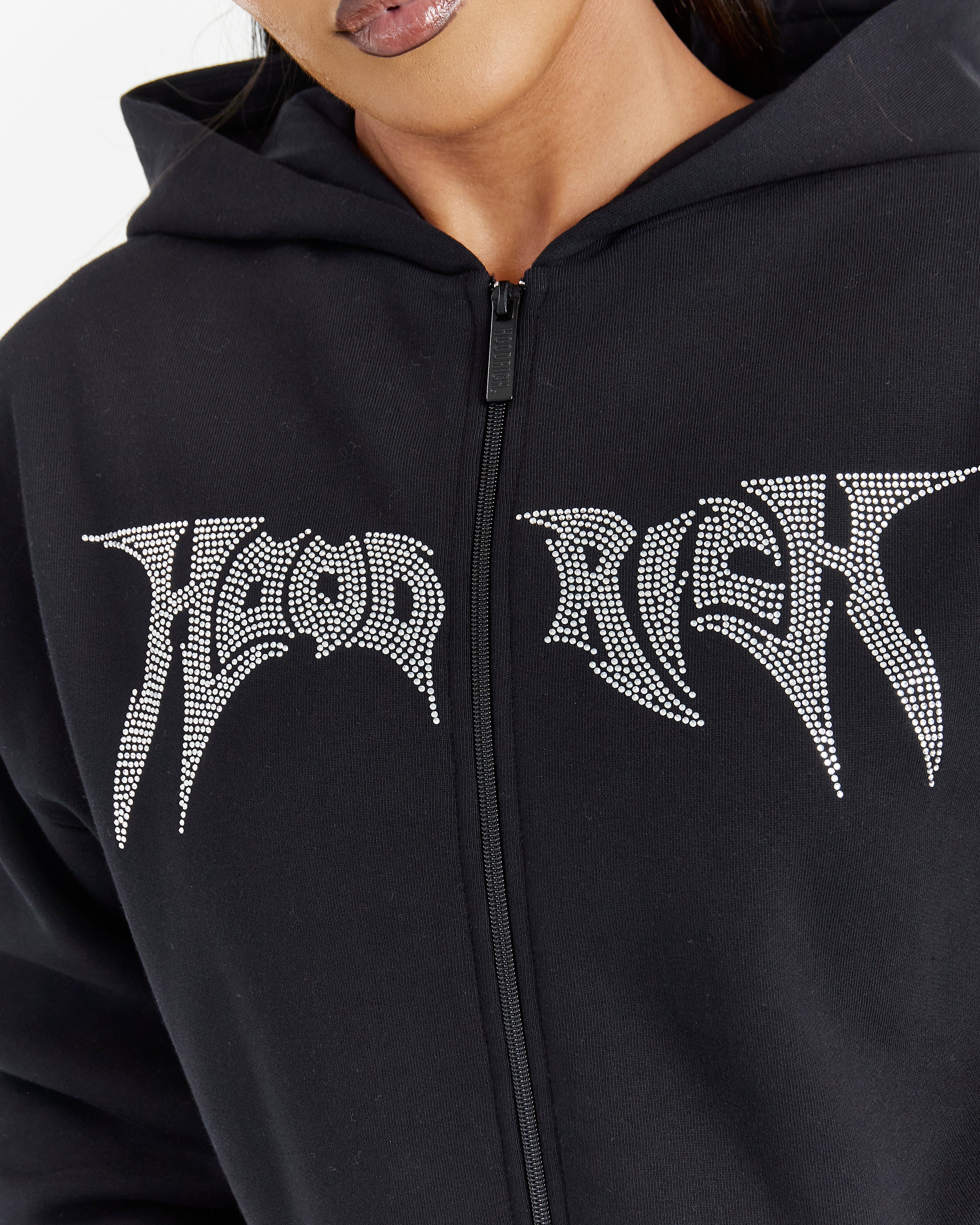 Lustre Oversized Zip Hoodie - Black/Rhinestone