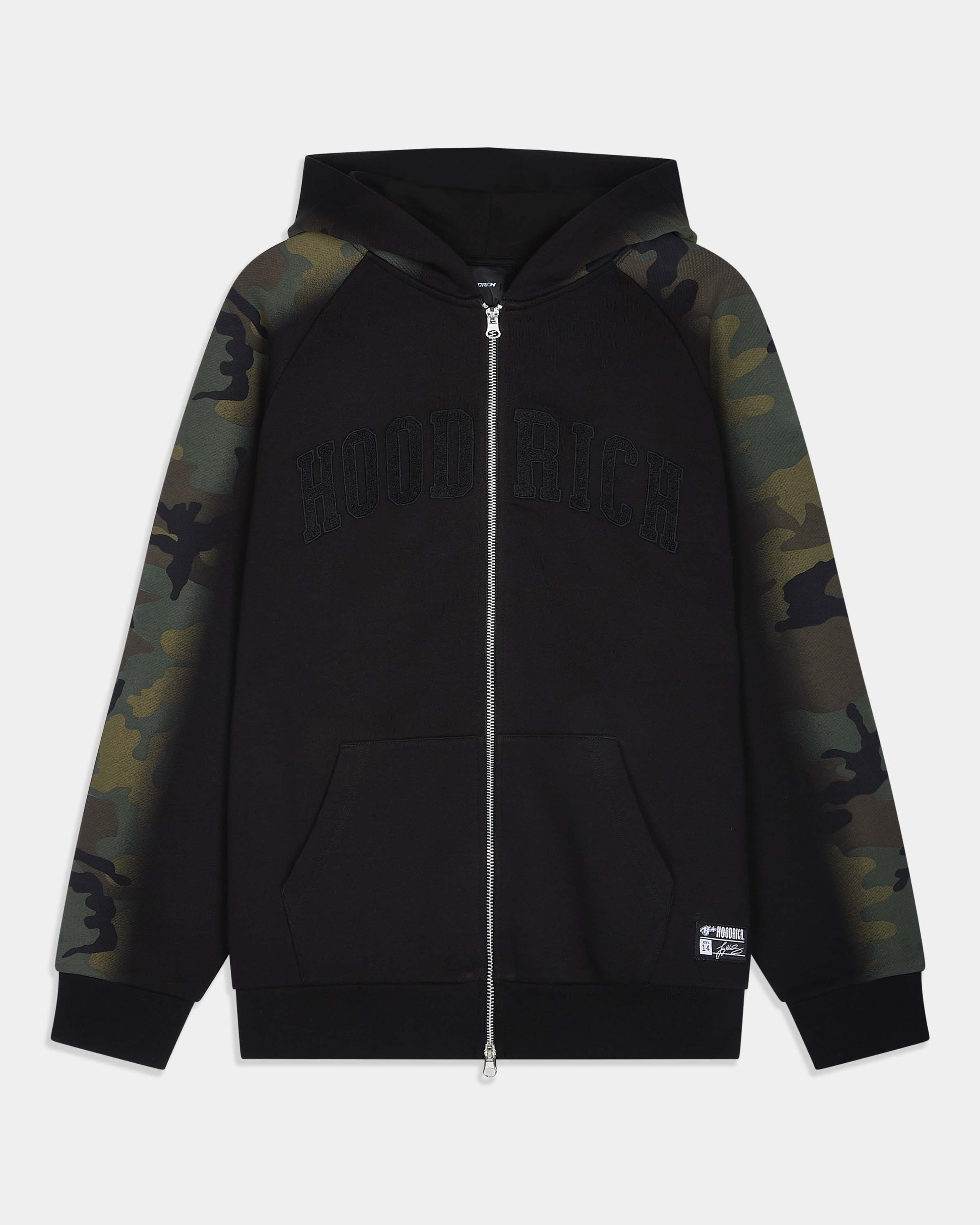 A black zip-up hoodie with camouflage patterned raglan sleeves and a tonal black 'HOODRICH' logo across the chest, displayed on a light gray background.