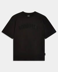 A black short-sleeve crewneck t-shirt with 'HOODRICH' printed across the chest in a tonal black arched font, shown flat against a light gray background.