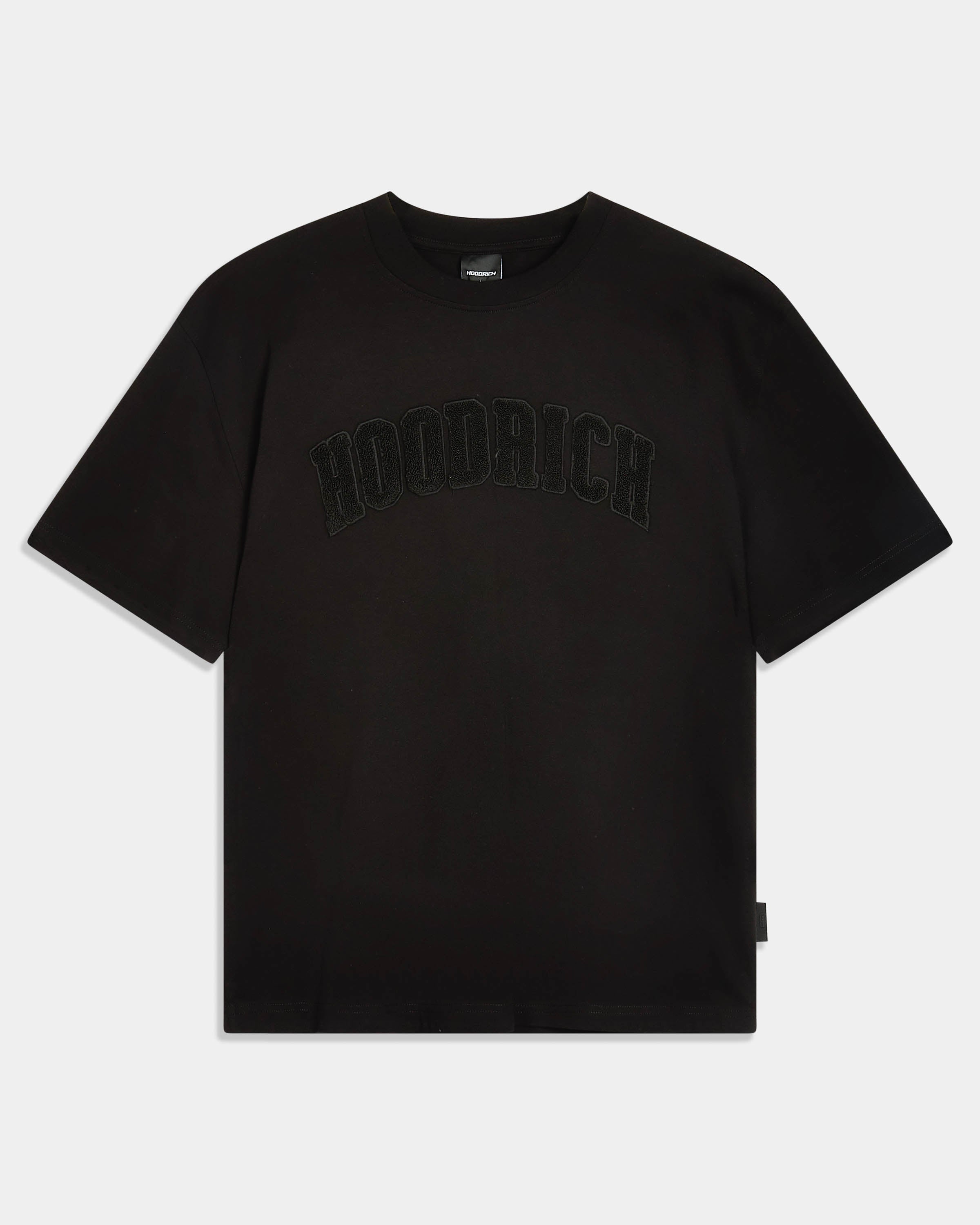 A black short-sleeve crewneck t-shirt with 'HOODRICH' printed across the chest in a tonal black arched font, shown flat against a light gray background.