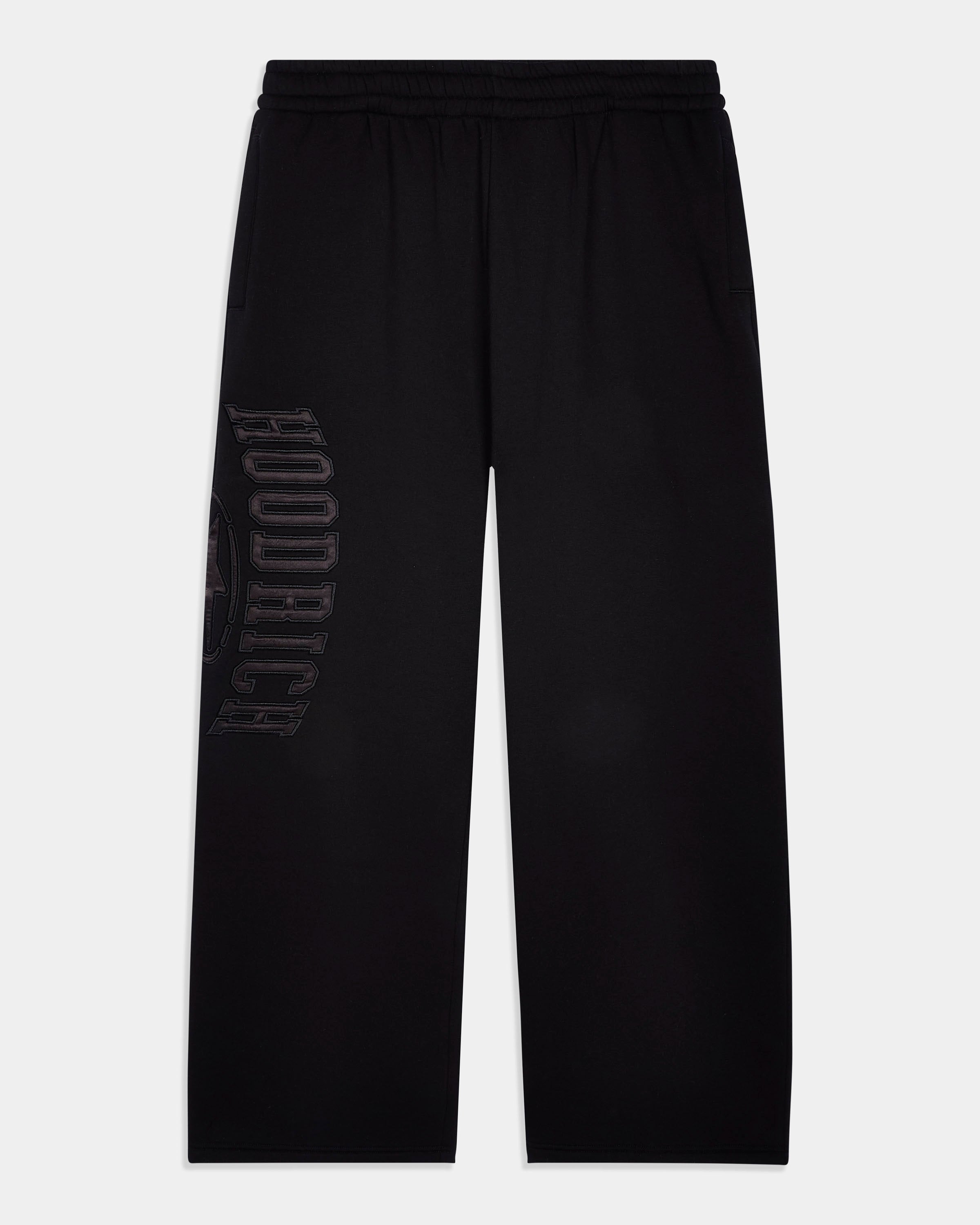 Black wide-leg sweatpants with a drawstring waistband and a tonal vertical 'HOODRICH' logo printed on the left leg, shown against a light gray background.