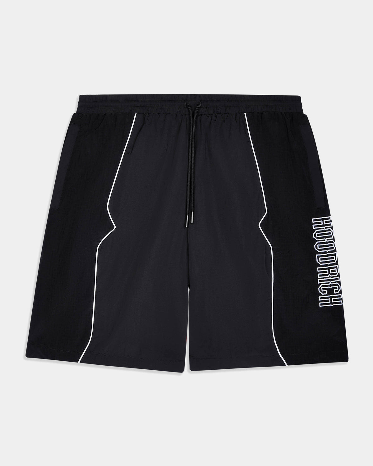 Black athletic shorts with white contrast piping and a vertical white 'HOODRICH' logo on the left leg, shown flat against a light gray background.