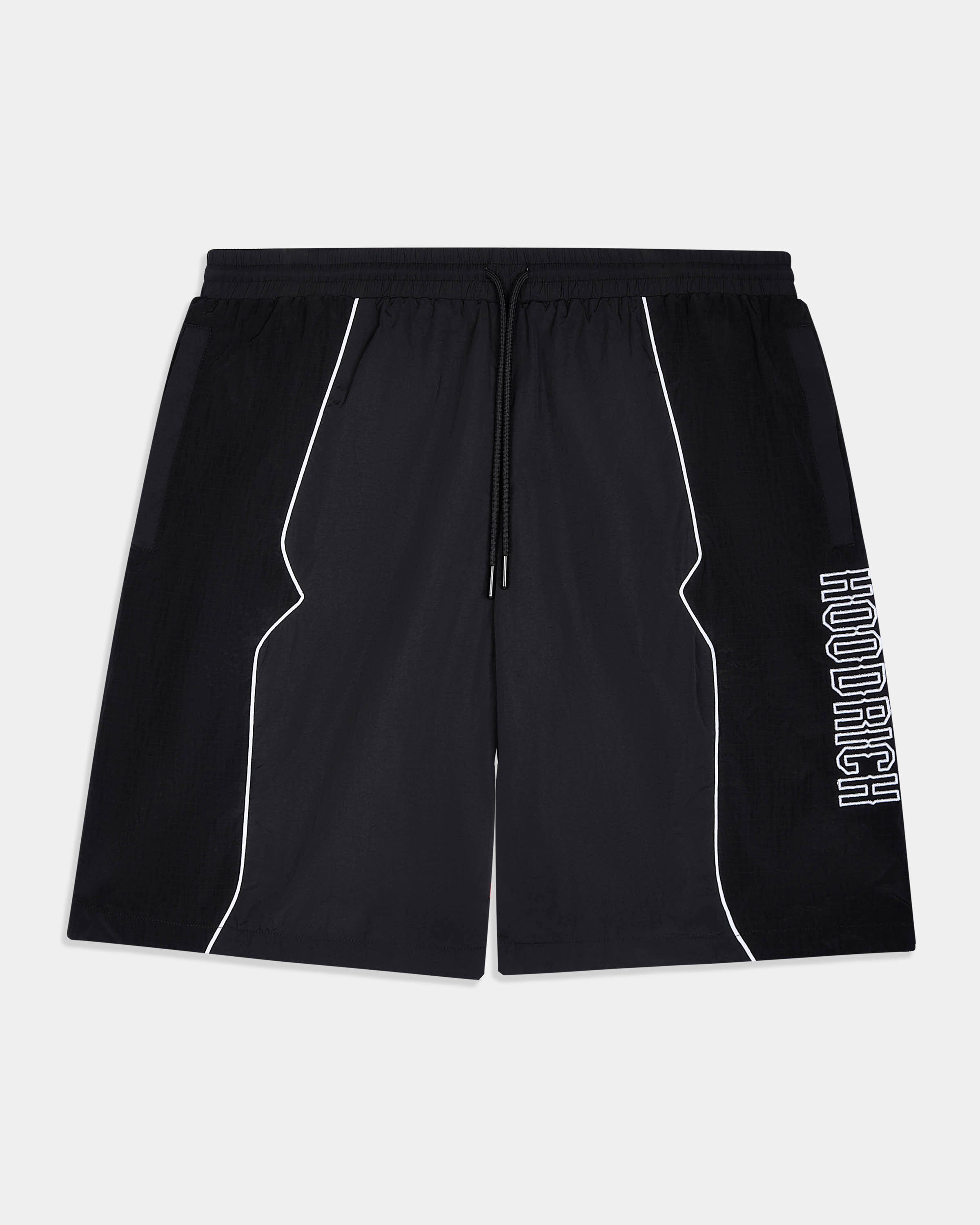 Black athletic shorts with white cotrast piping and a vertical white 'HOODRICH' logo on the left leg, shown flat against a light gray background.