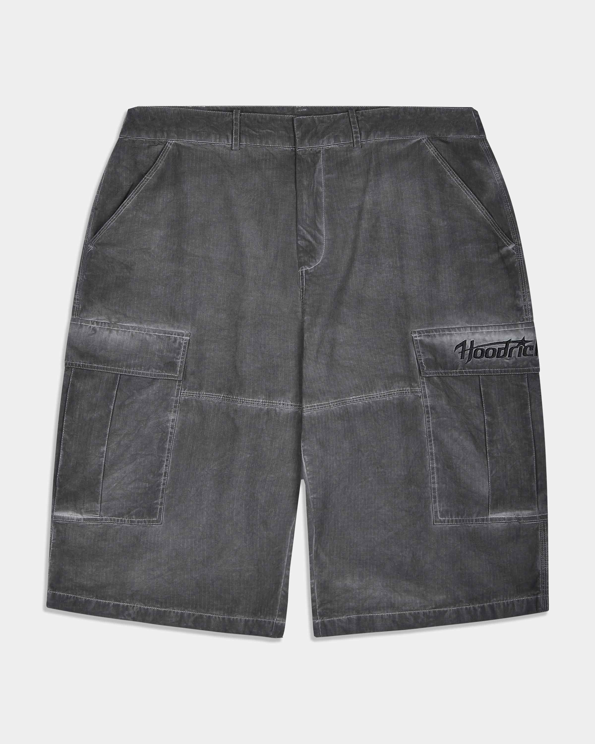 A pair of dark gray washed corduroy cargo shorts with a visible 'Hoodrich' logo on the right pocket, displayed flat against a light gray background.