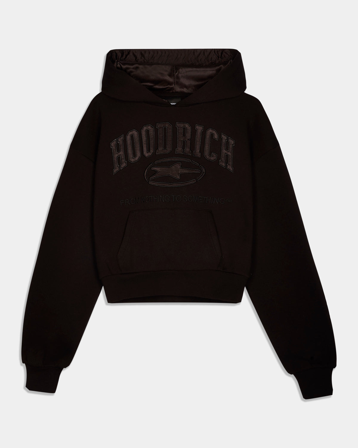 A black pullover hoodie with a tonal dark gray 'HOODRICH' logo and arrow graphic on the chest, displayed against a light gray background.