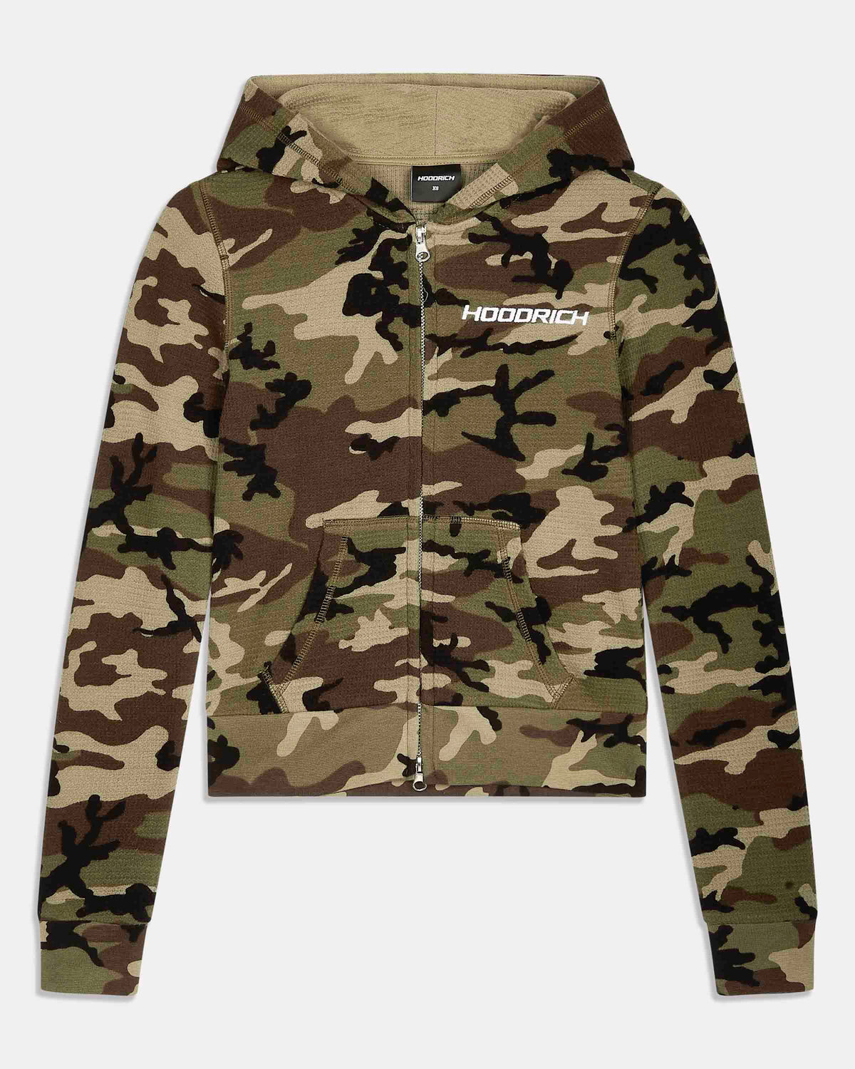 A cropped zip-up hoodie in a woodland camouflage pattern, featuring a white 'HOODRICH' logo printed on the left chest, displayed against a light gray background.