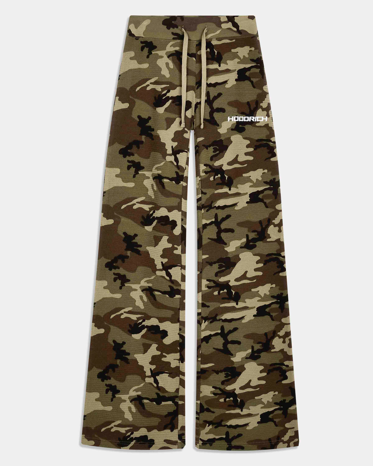 A pair of wide-leg sweatpants in a classic camouflage pattern, featuring a drawstring waist and a small white 'HOODRICH' logo on the upper right leg, displayed flat against a light gray background.