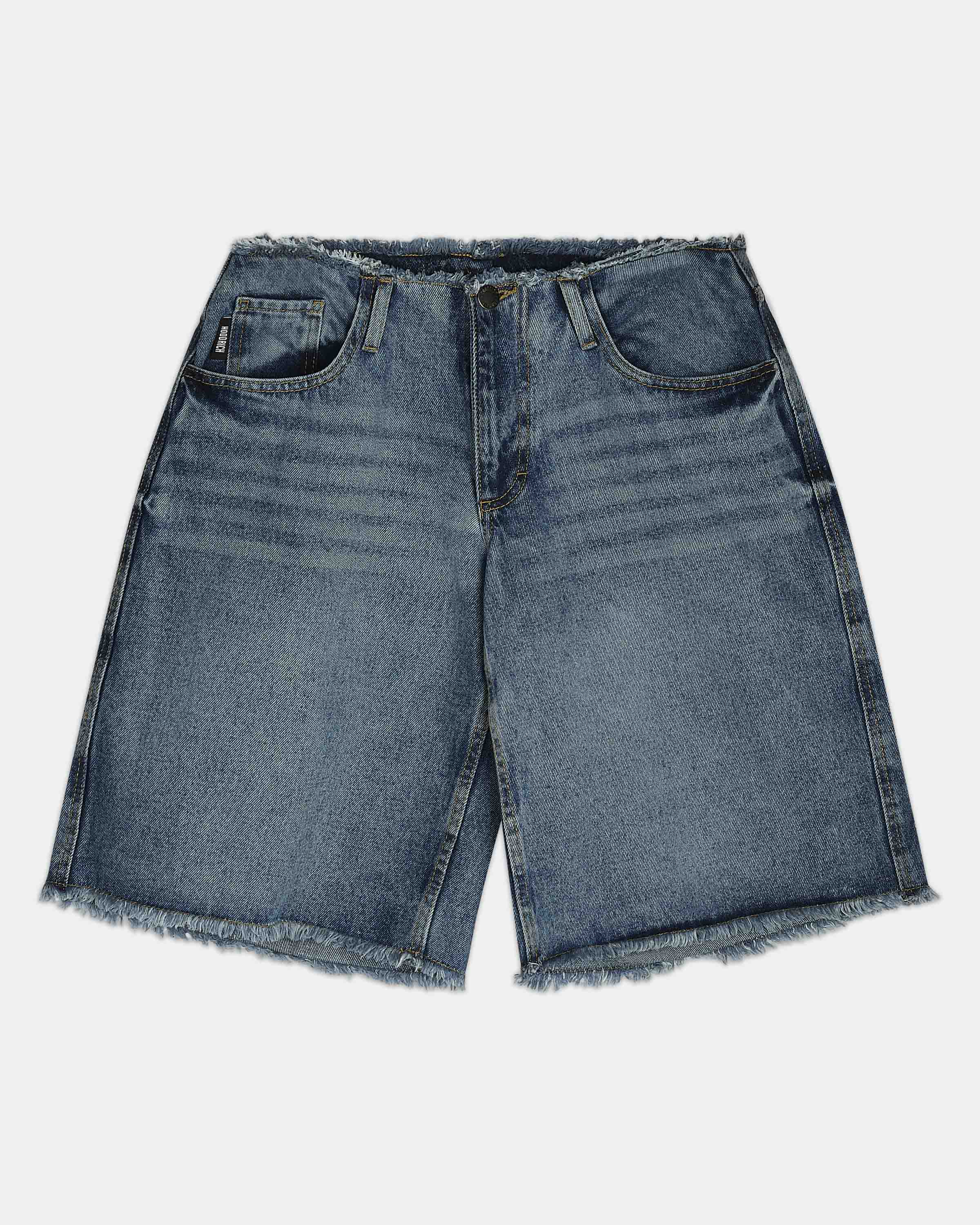 Medium wash blue denim shorts with a raw, frayed hem and distressed detailing, shown flat on a light gray background.