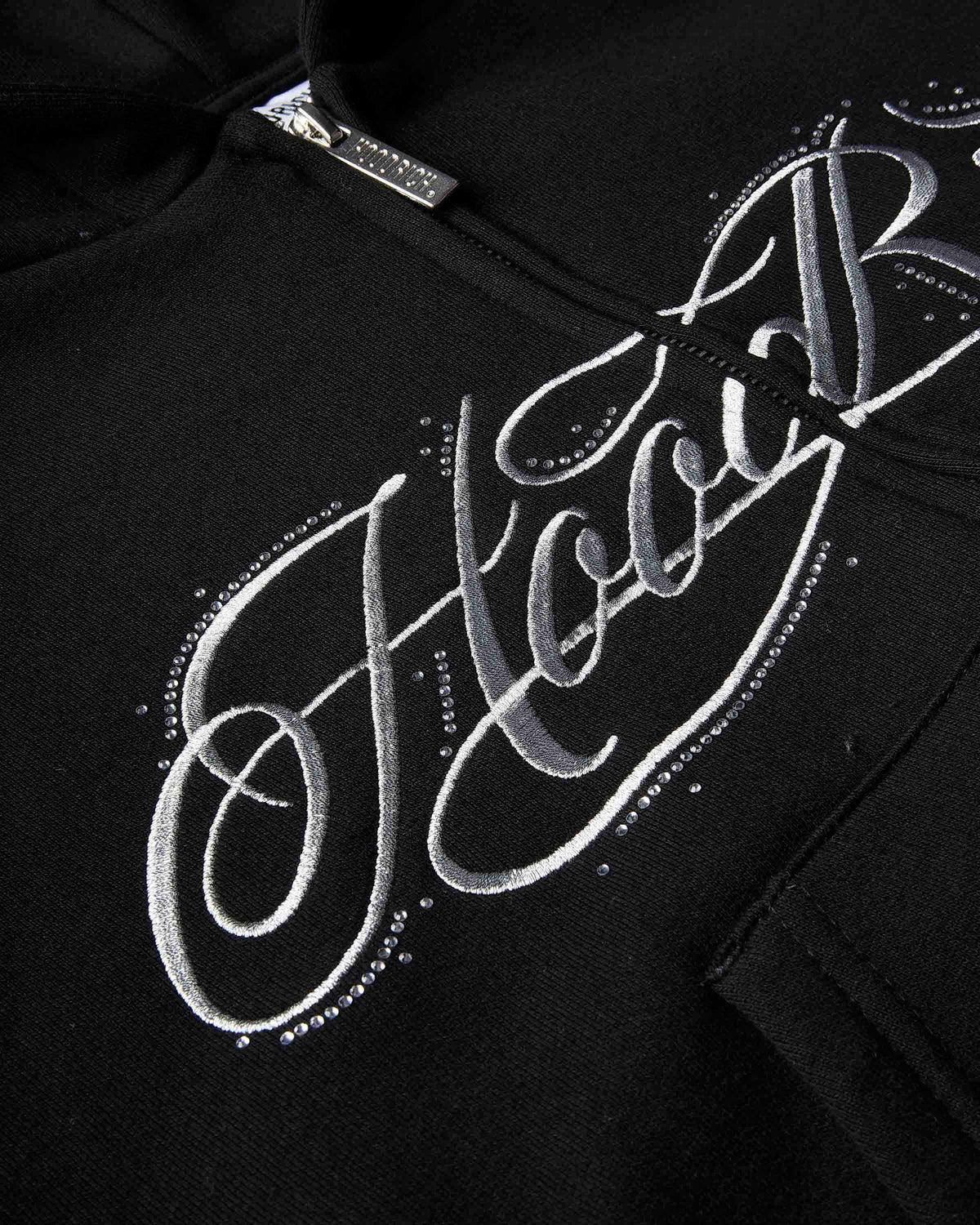 Displays the black 'Hoodrich' branded Solace V2 Boxy Z/T Hoodie featuring the hoodrich branding details