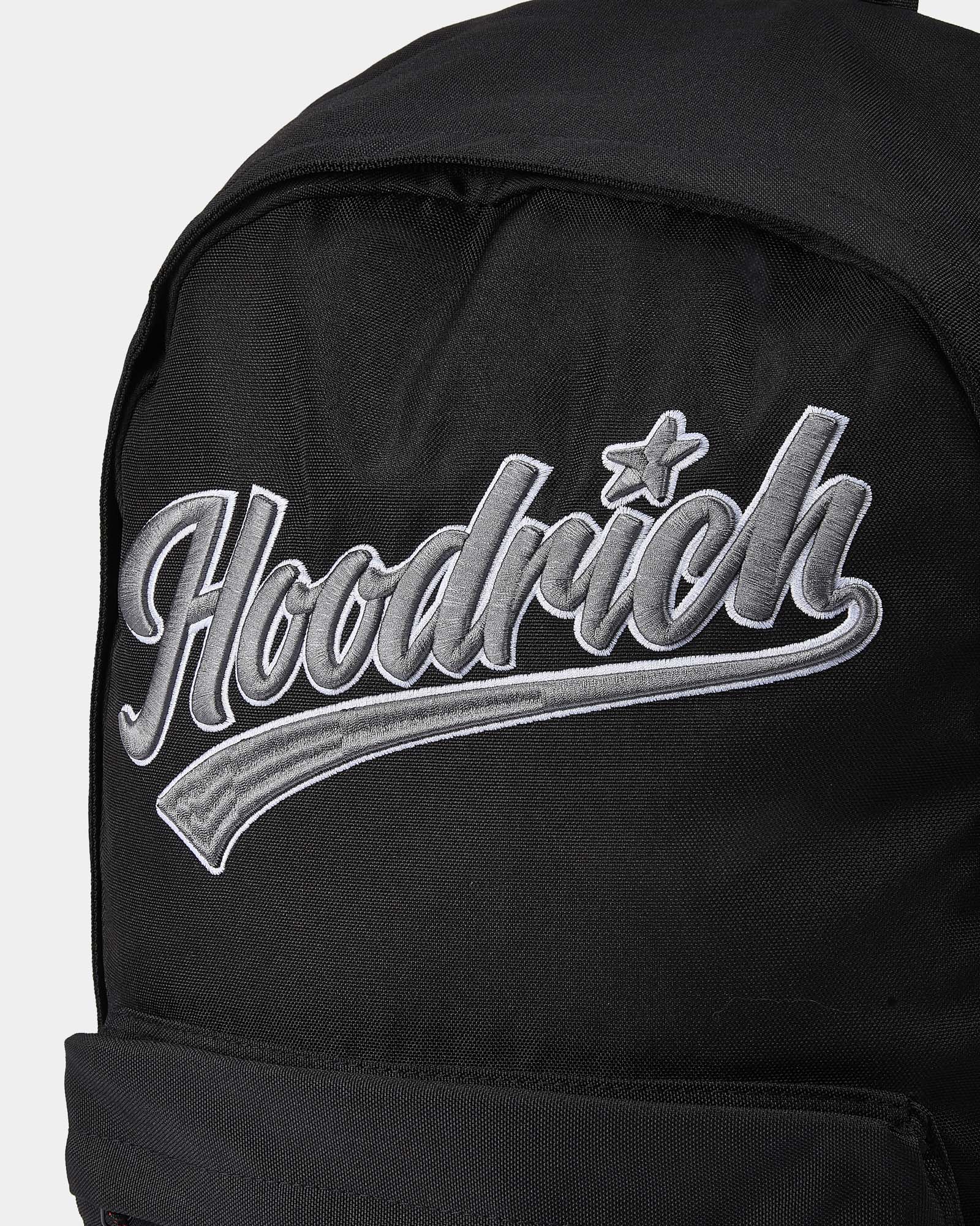 Black backpack with 'Hoodrich' logo on a light gray background