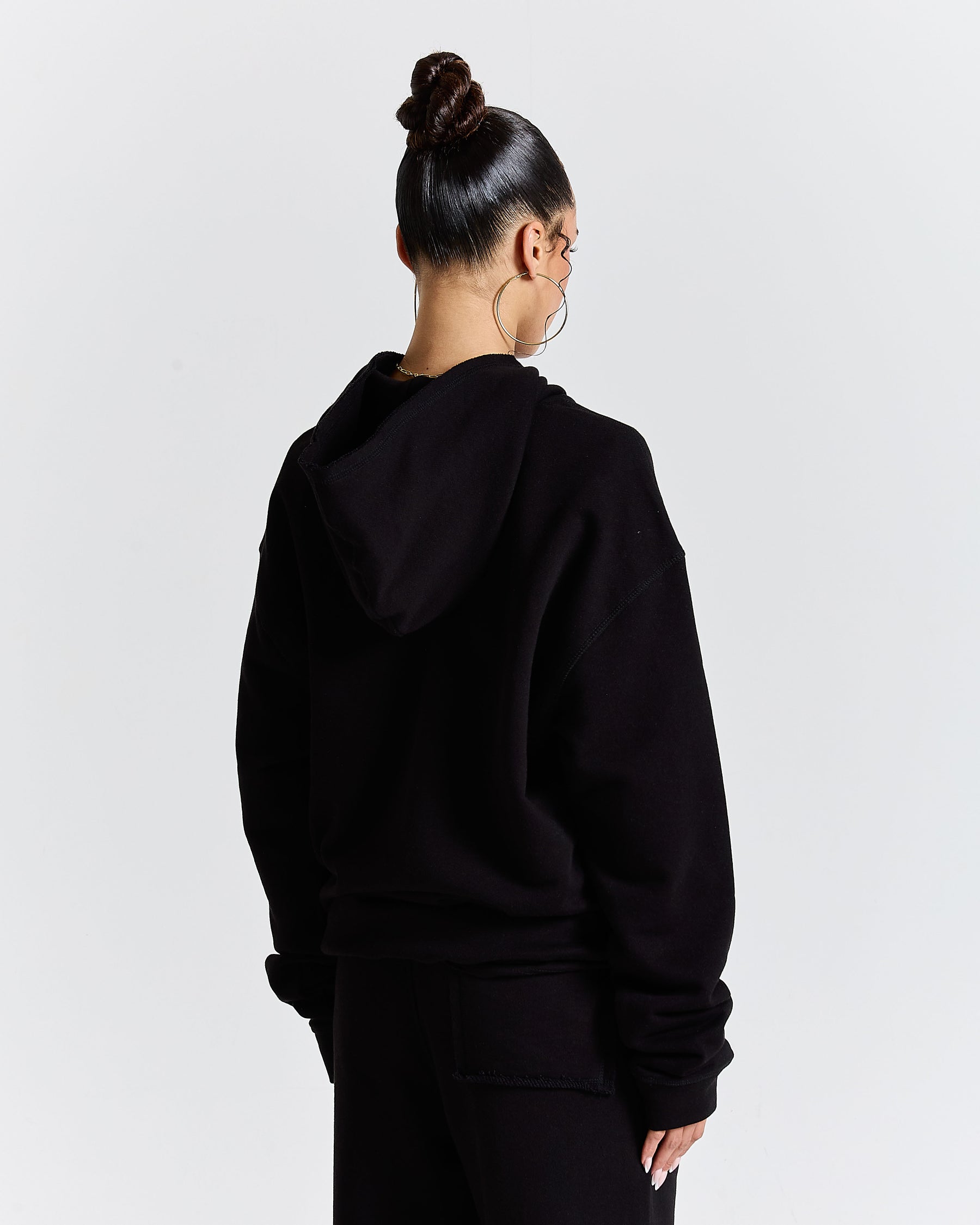 Fray Zip Relaxed Fit Hoodie - Black