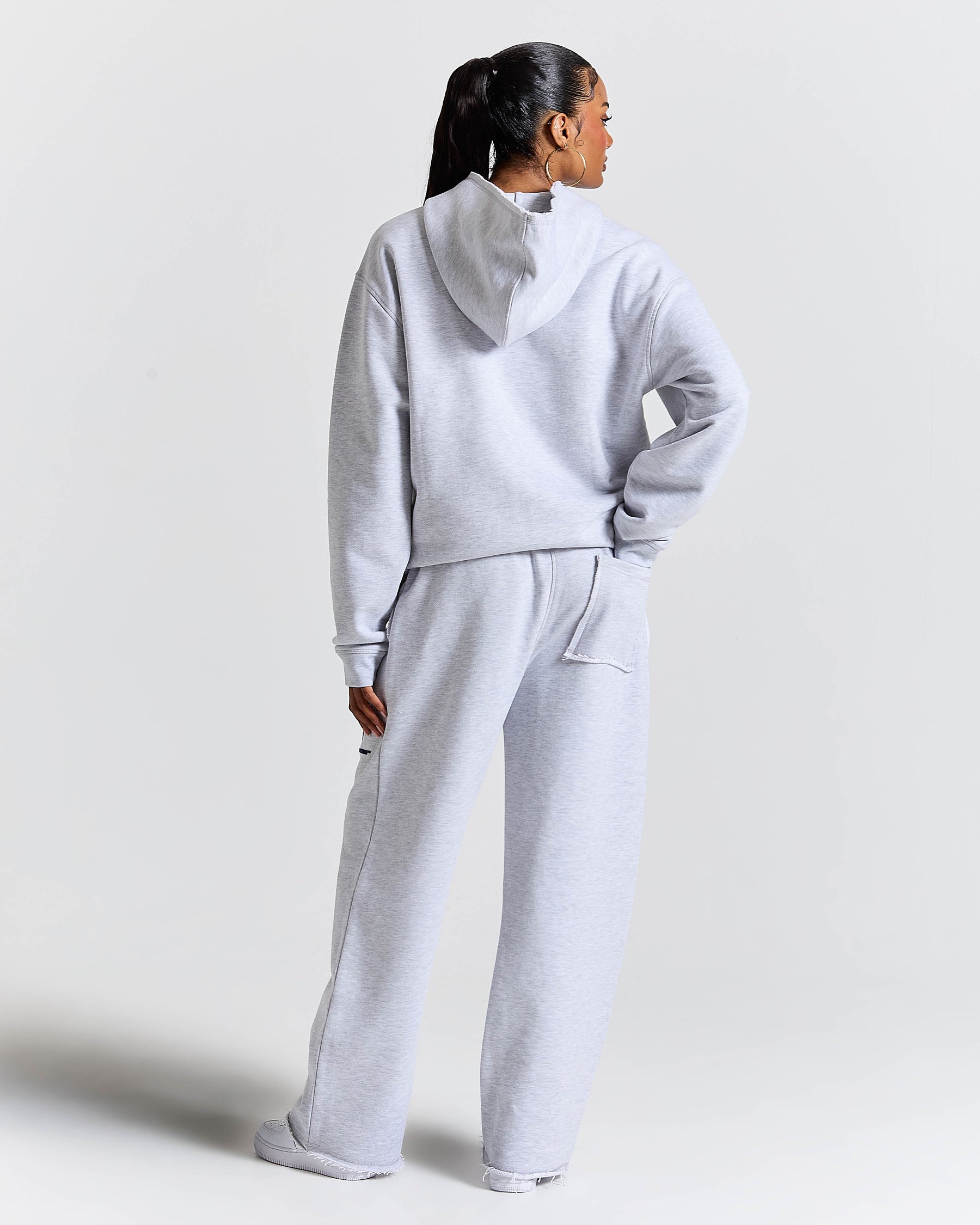 Fray Zip Relaxed Fit Hoodie - Grey Marl