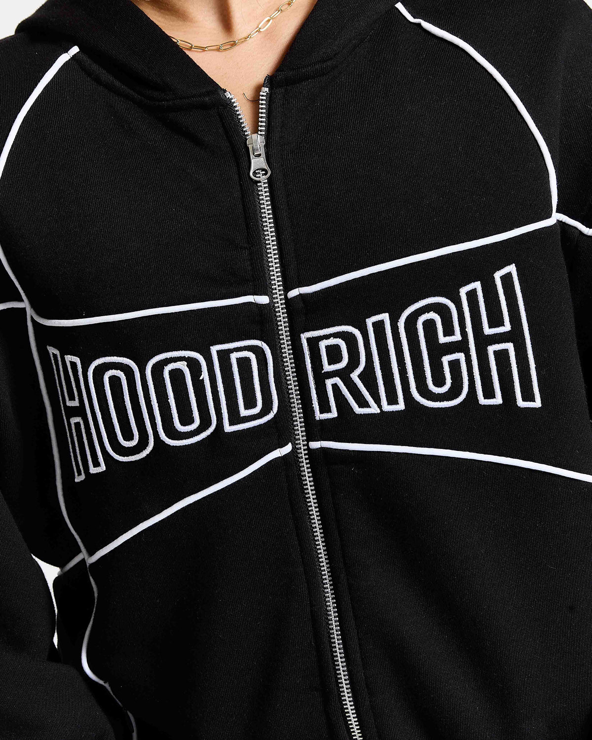 Black hoodie with 'HOODRICH' text on a person wearing it.