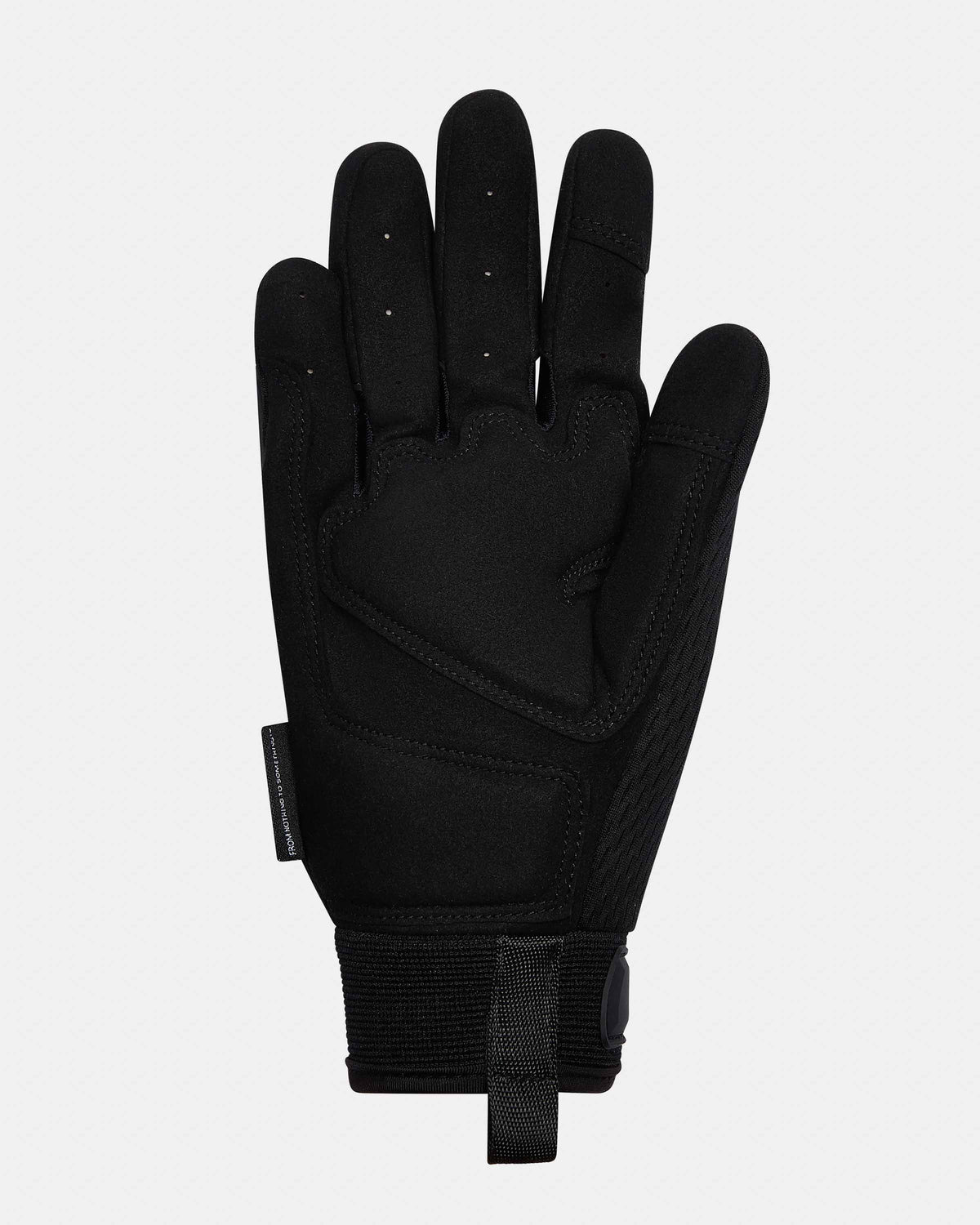A single black outdoor glove shown flat against a light gray background, with a small black fabric brand tag visible near the wrist opening.