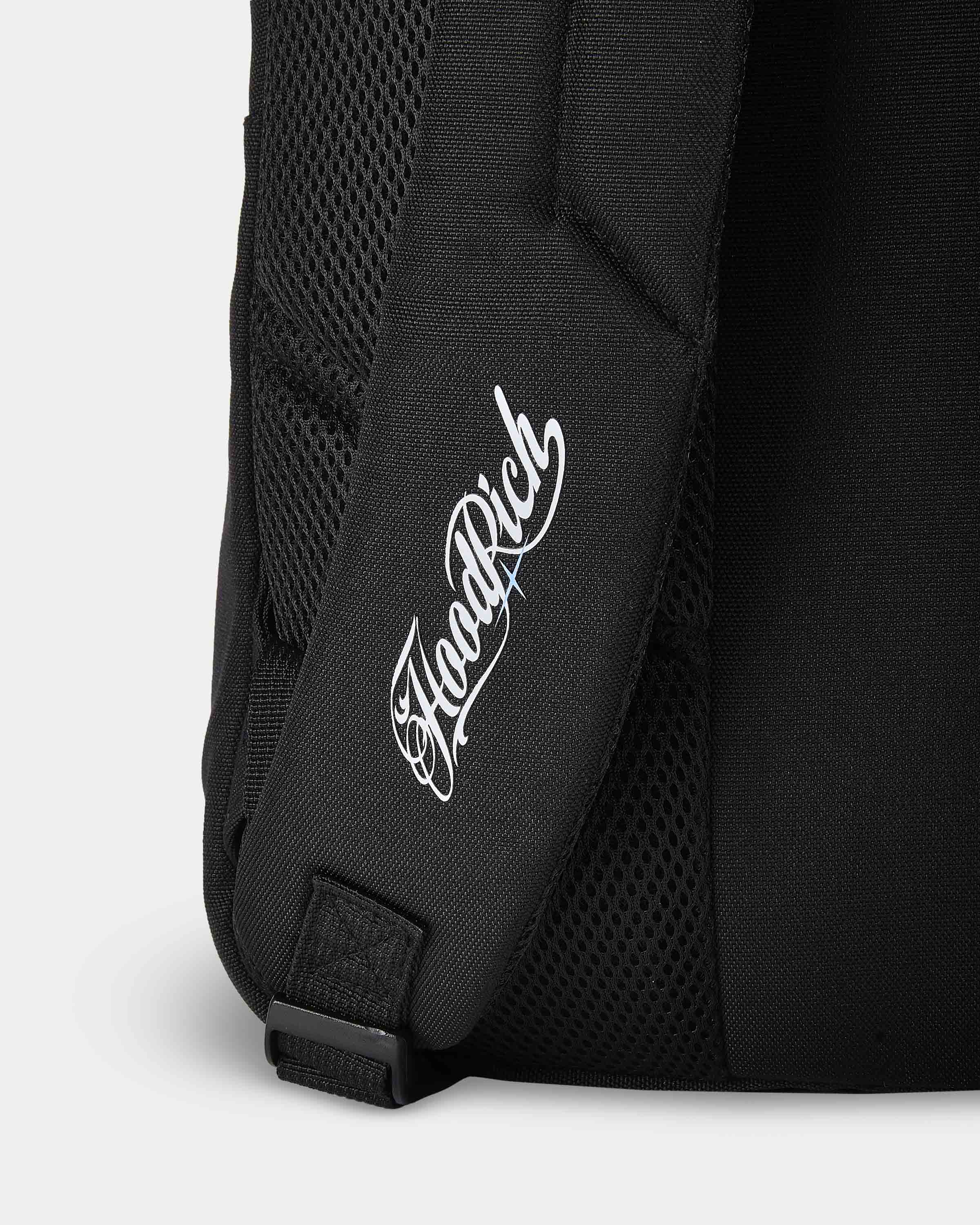 Black backpack with 'Hoodrich' logo on a light gray background