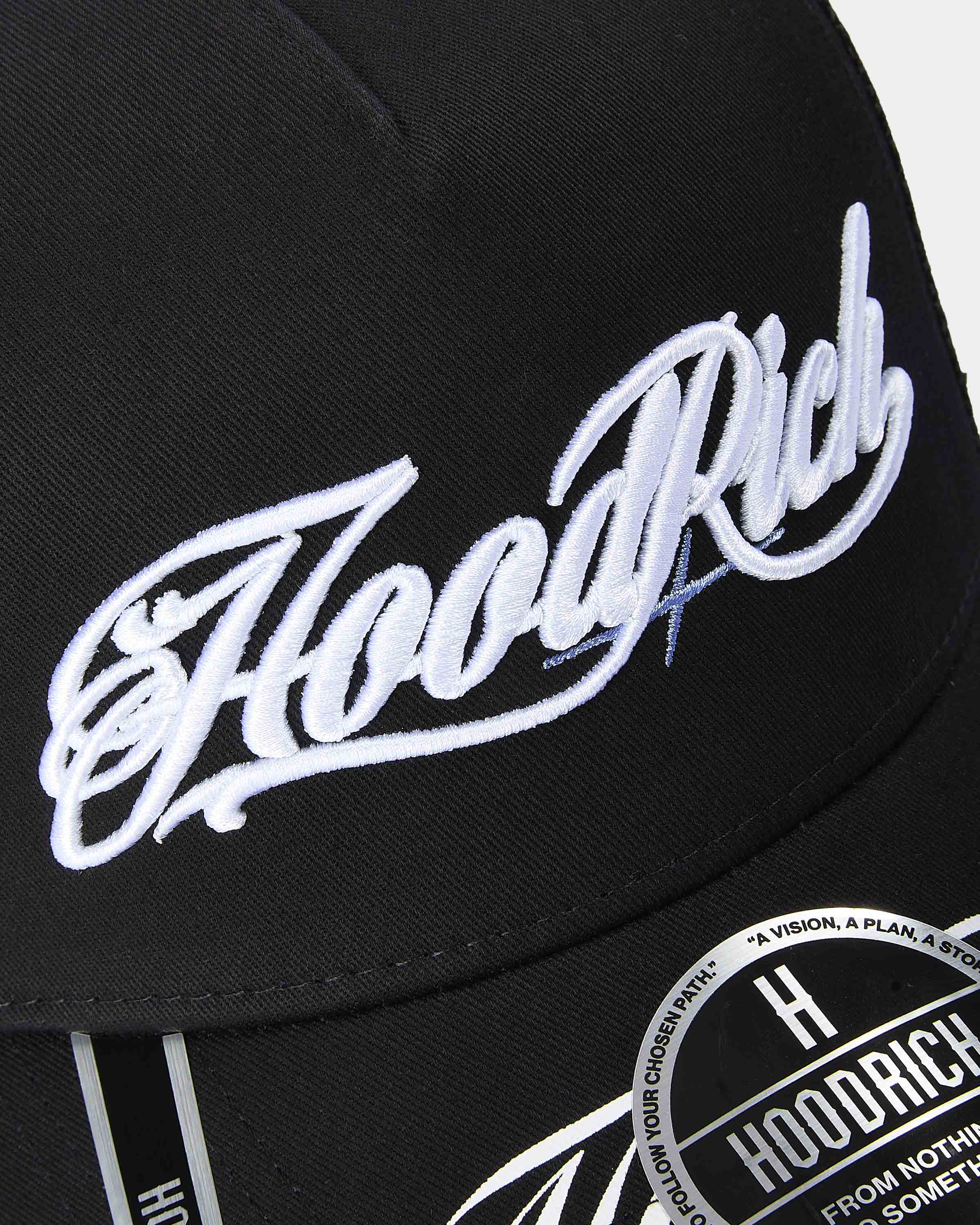 Black cap with 'Hoodrich' logo and branding on a white background