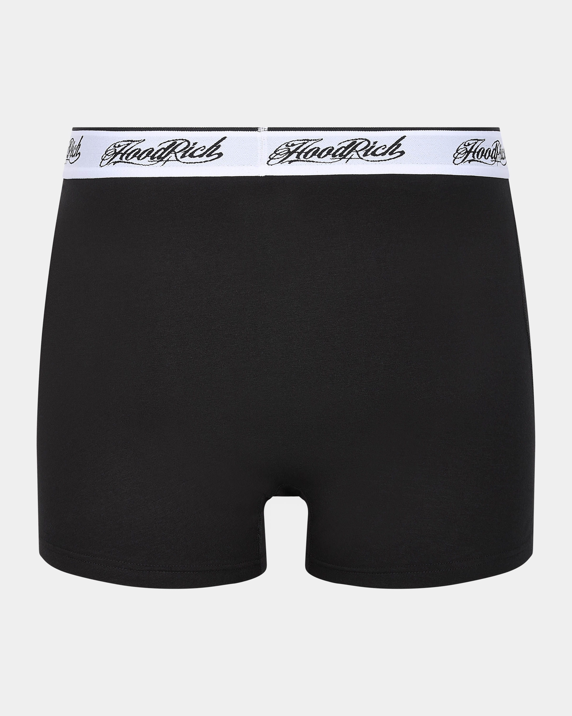 Black boxer briefs with a white band featuring 'Hoodrich' branding on a light gray background.