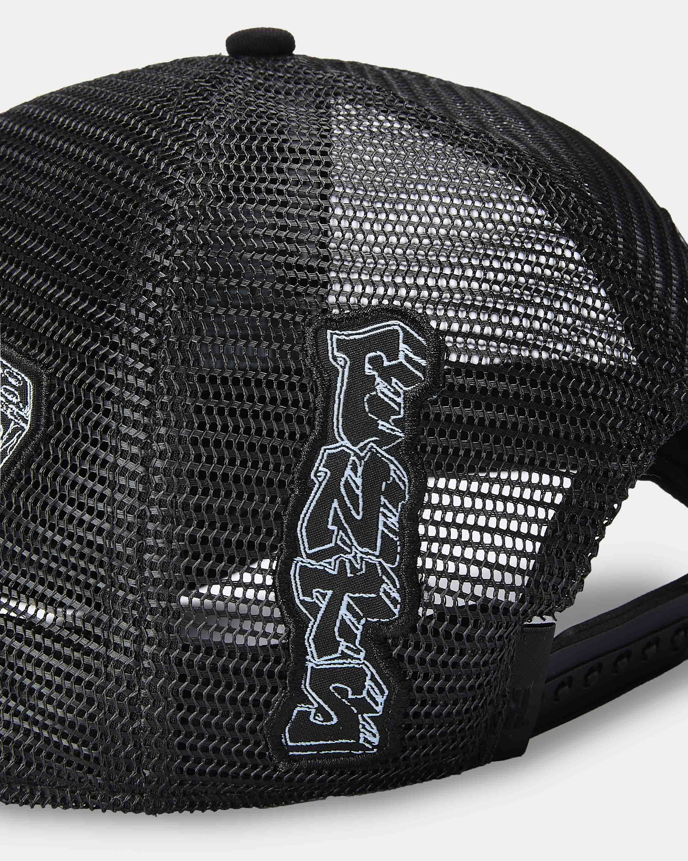 Black mesh cap with a brand logo on a white background