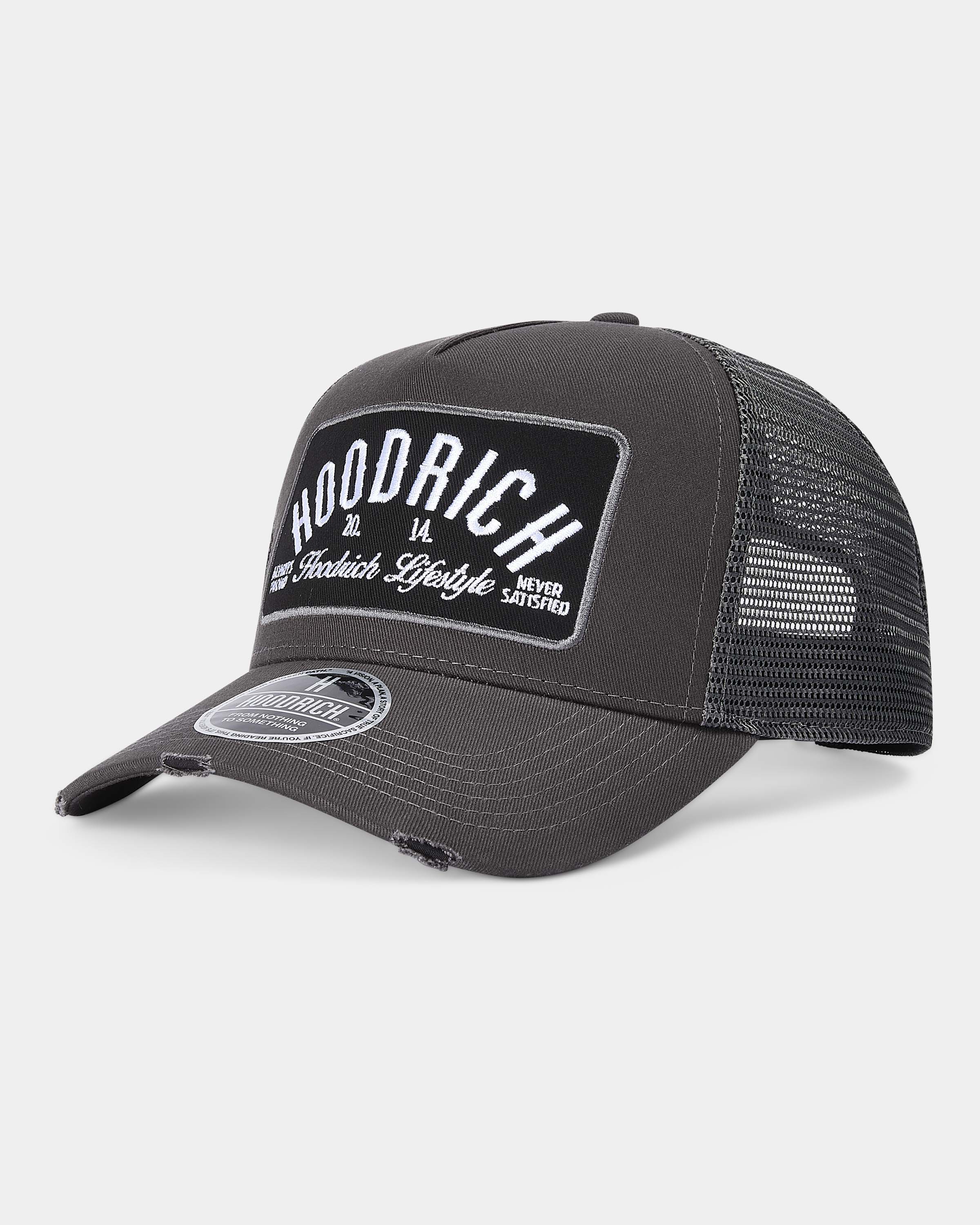 Black trucker cap with 'Hoodrich' logo on a white background