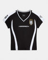 Black sports jersey with white accents and branding on a white background