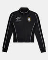 Black zip-up fitted jacket featuring white piping, branding on the chest, and an HR crest logo.