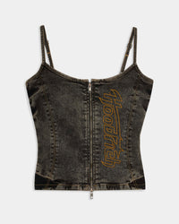 Fitted black denim corset top with zip front and yellow Hoodrich logo embroidery.