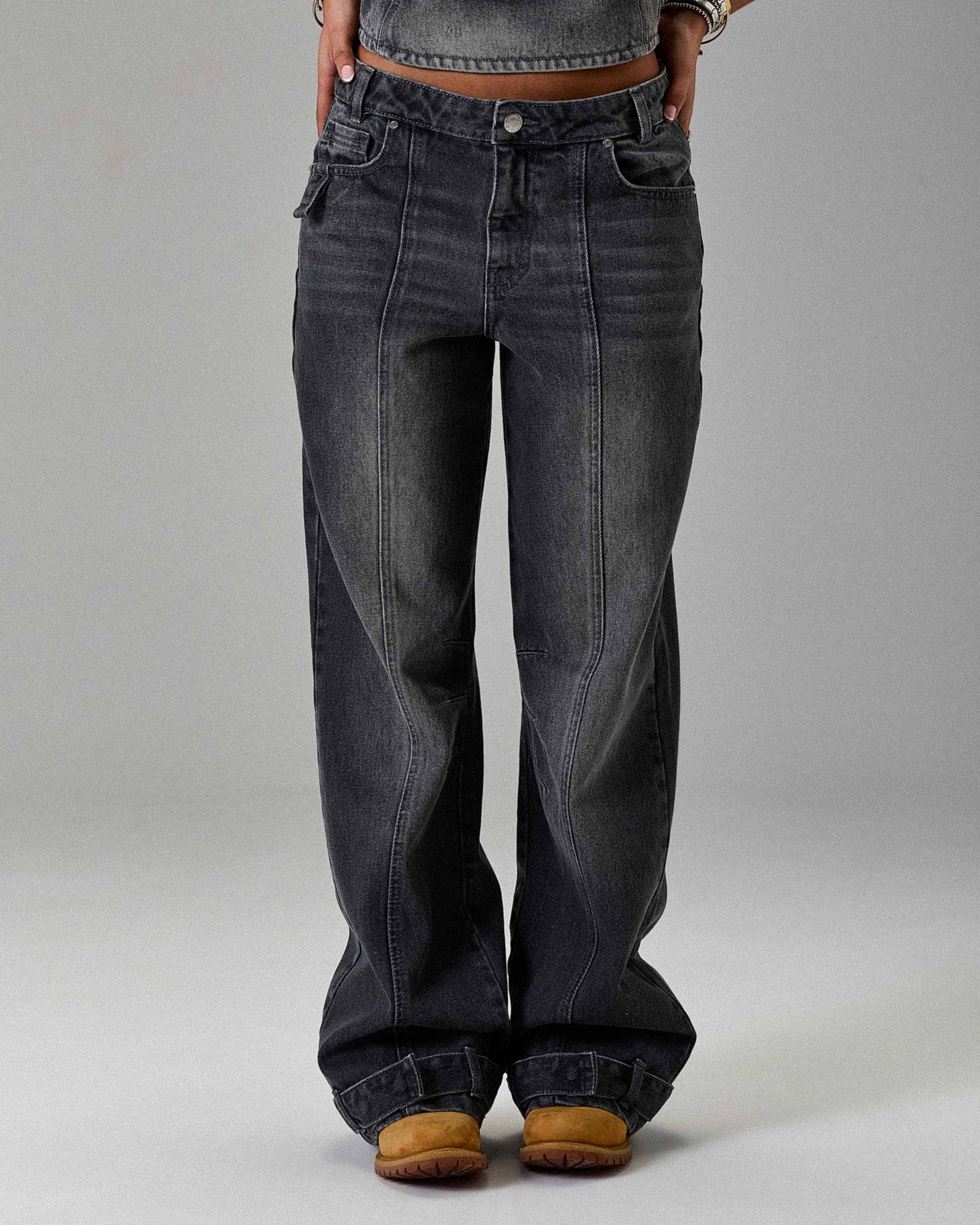 The Winner's Circle Solace Wide Leg Cargo Jeans - Grey/Black