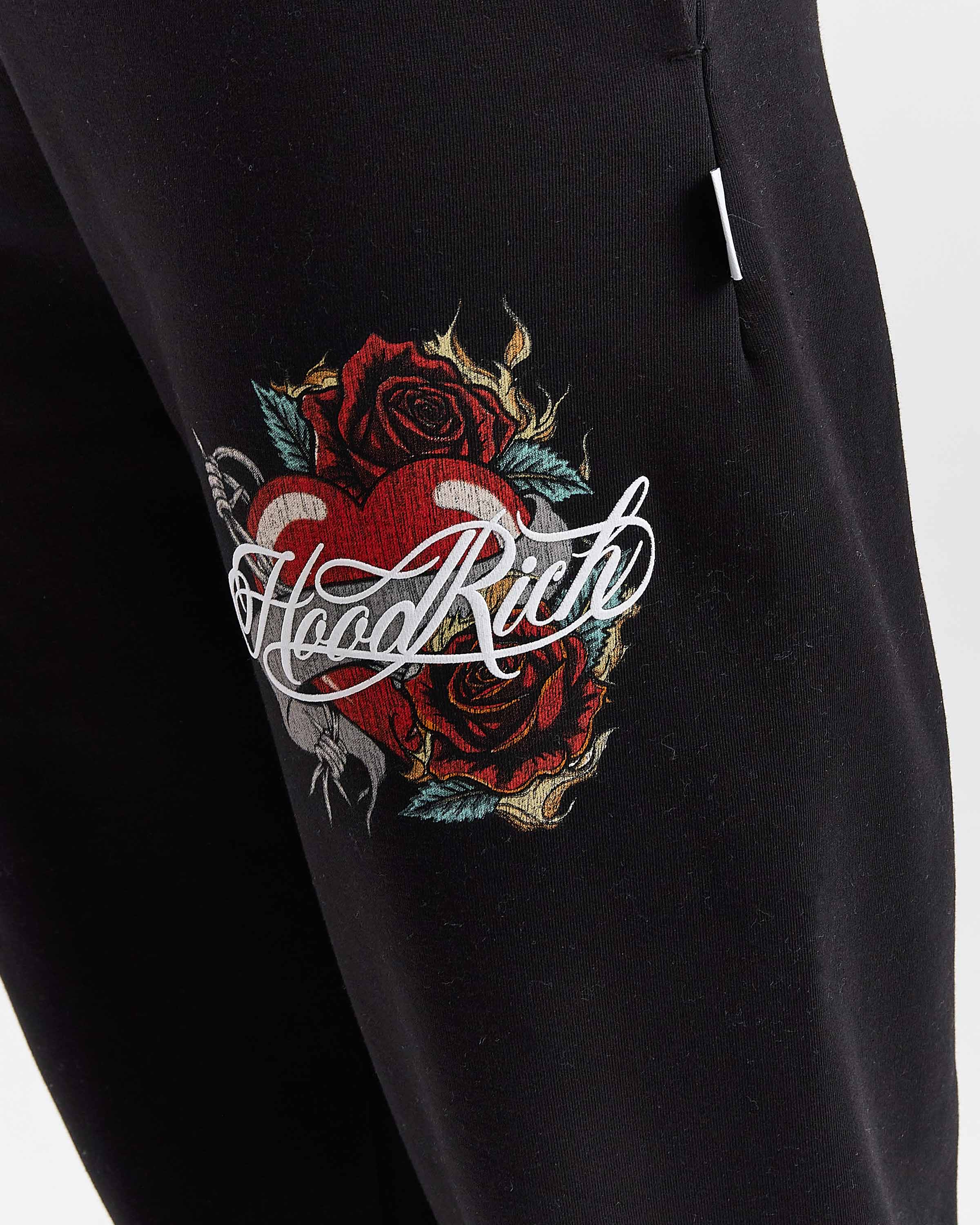 Black sweatshirt with a colorful rose and 'Good Rich' logo on a white background