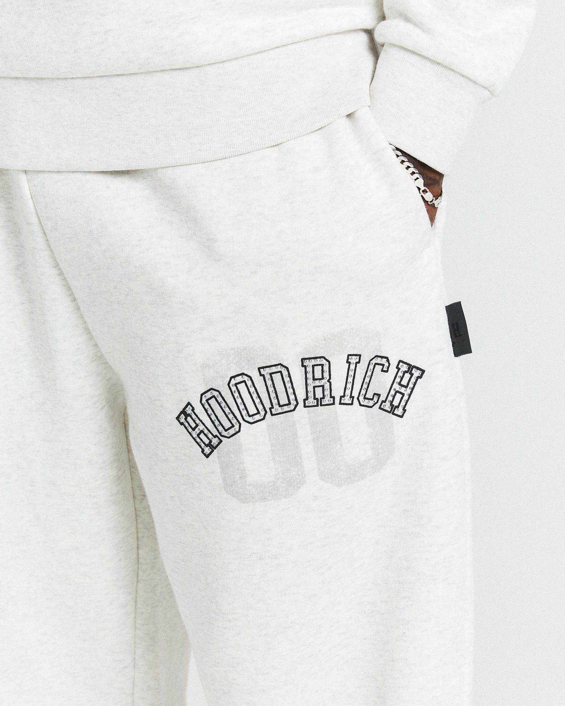 Light Grey sweatpants with 'Hoodrich' branding on a white background