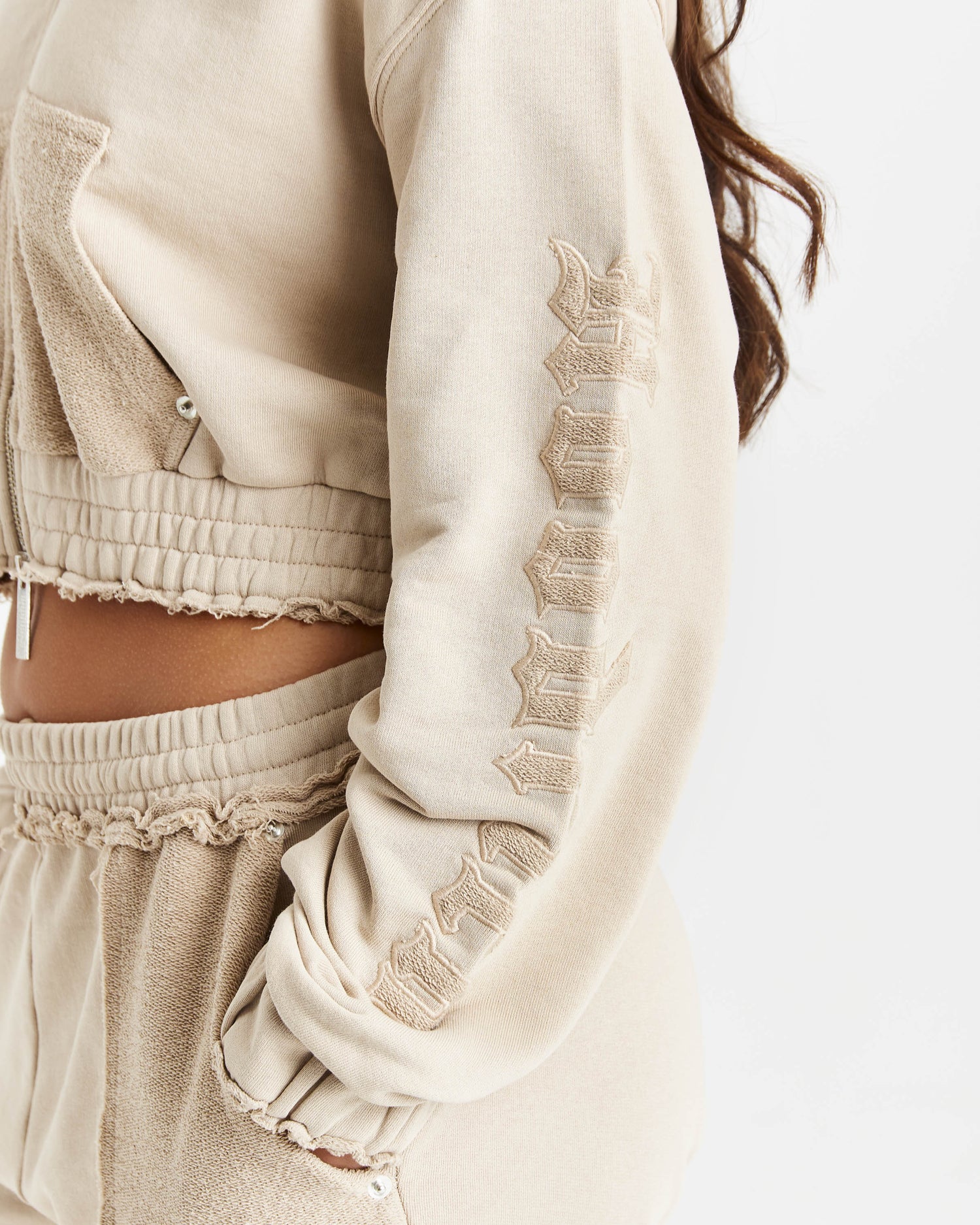 Collision Relaxed Cropped Zip Hoodie - Beige