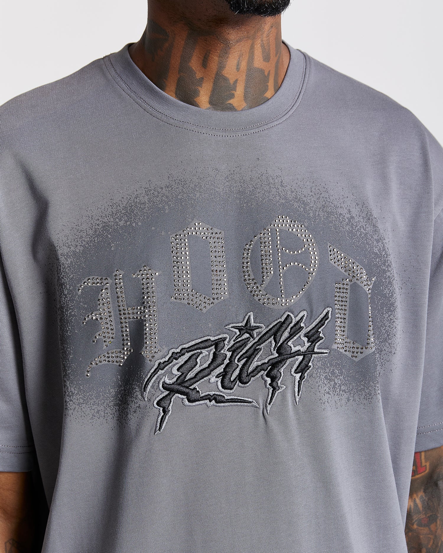 Iron Oversized T-Shirt - Grey/Rhinestones
