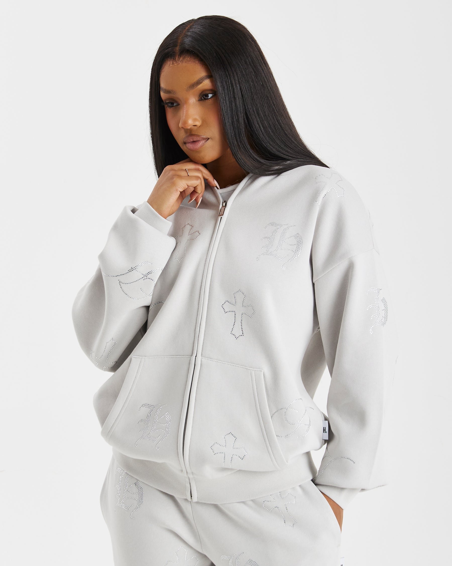 Crystal Oversized Zip Hoodie - Grey/Silver Rhinestone