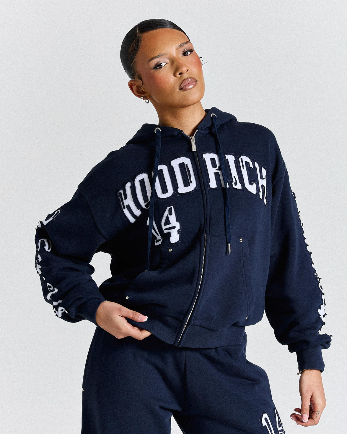 Siren Mid-length Zip Hoodie - Navy/White