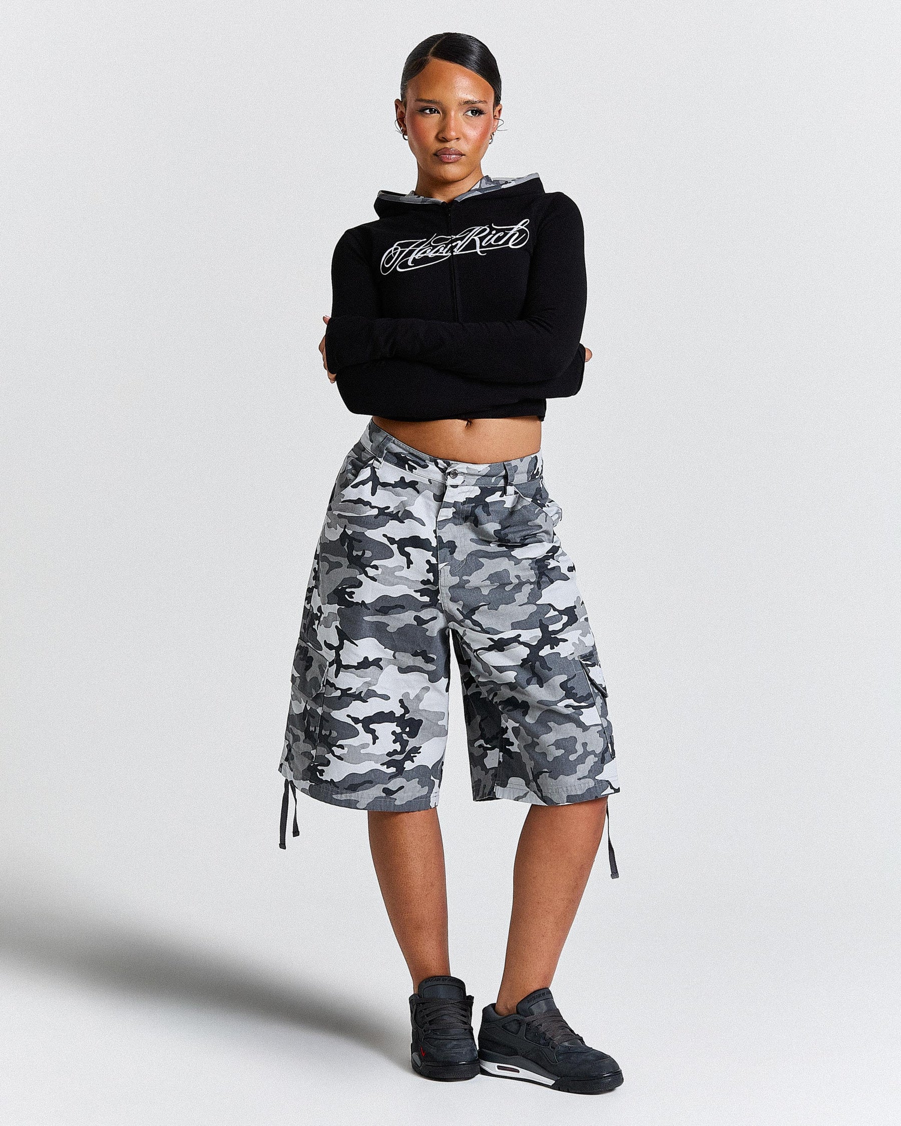 Field Oversized Cargo Woven Jort - Grey Camo
