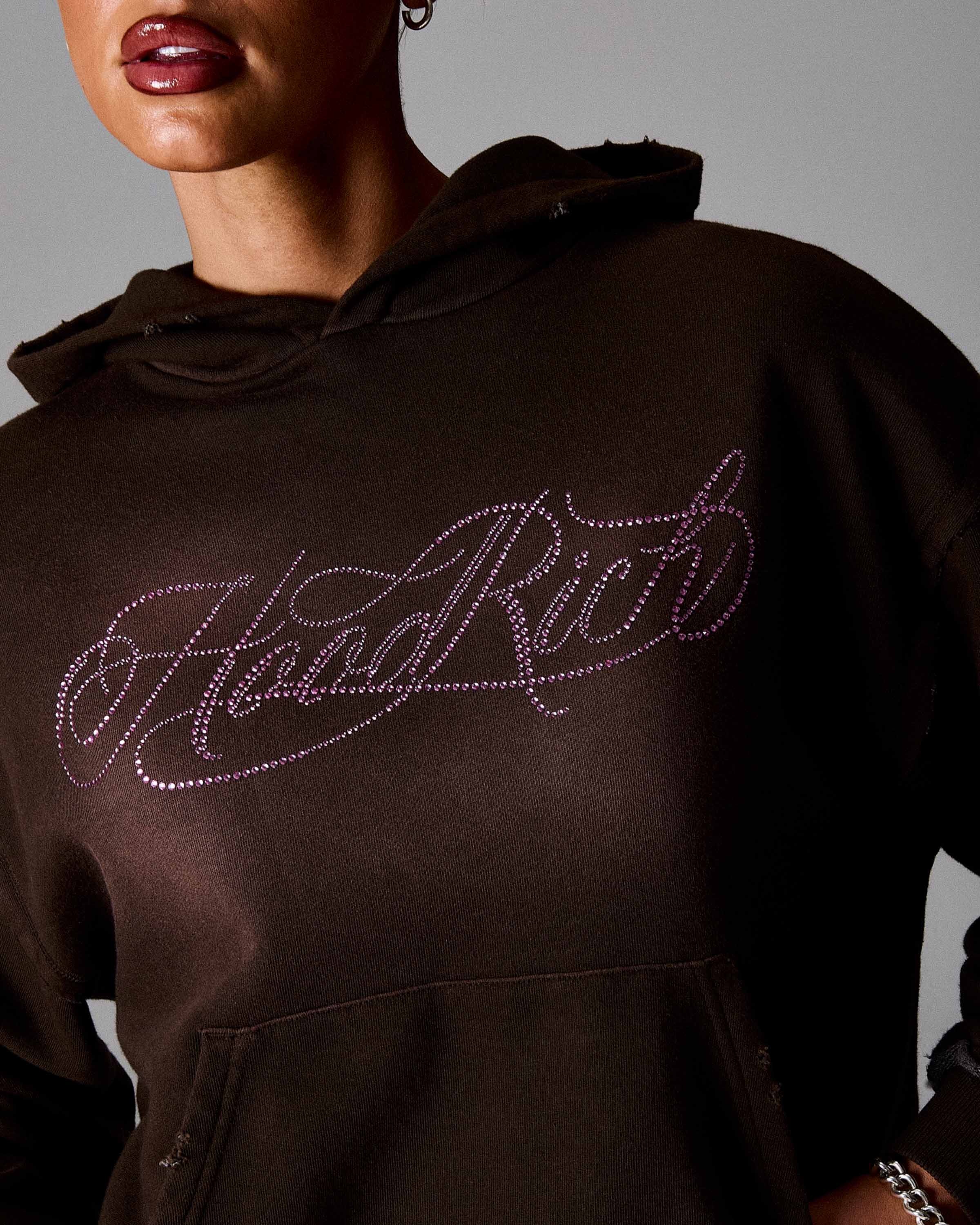 Brown hoodie with 'HoodRich' text in rhinestones on a gray background
